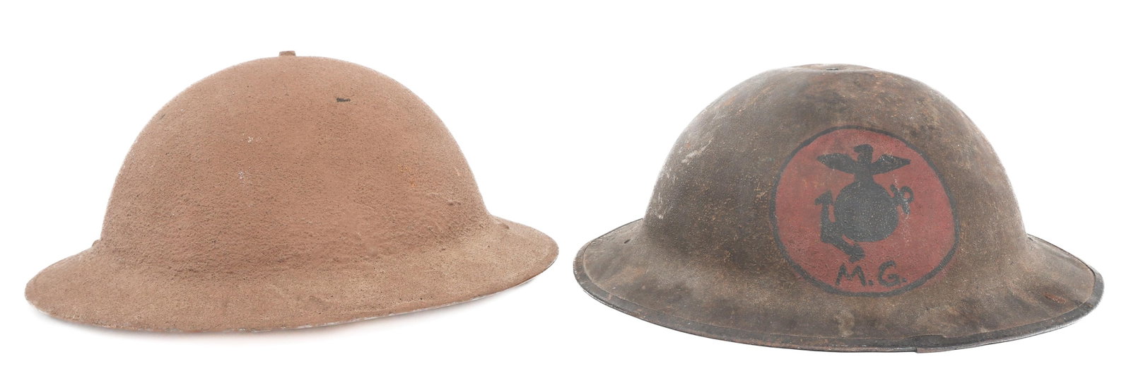 WWI USMC M1917 5th MG BATTALION & M1917A1 HELMETS: WWI USMC M1917 5th MG BATTALION & M1917A1 HELMETS WWI USMC M1917 5th Machine Gun Battalion and M1917A1 Helmets. (1) USMC M1917 Helmet. Painted Marine Machine Gun Brigade front insignia. Chinstrap and 