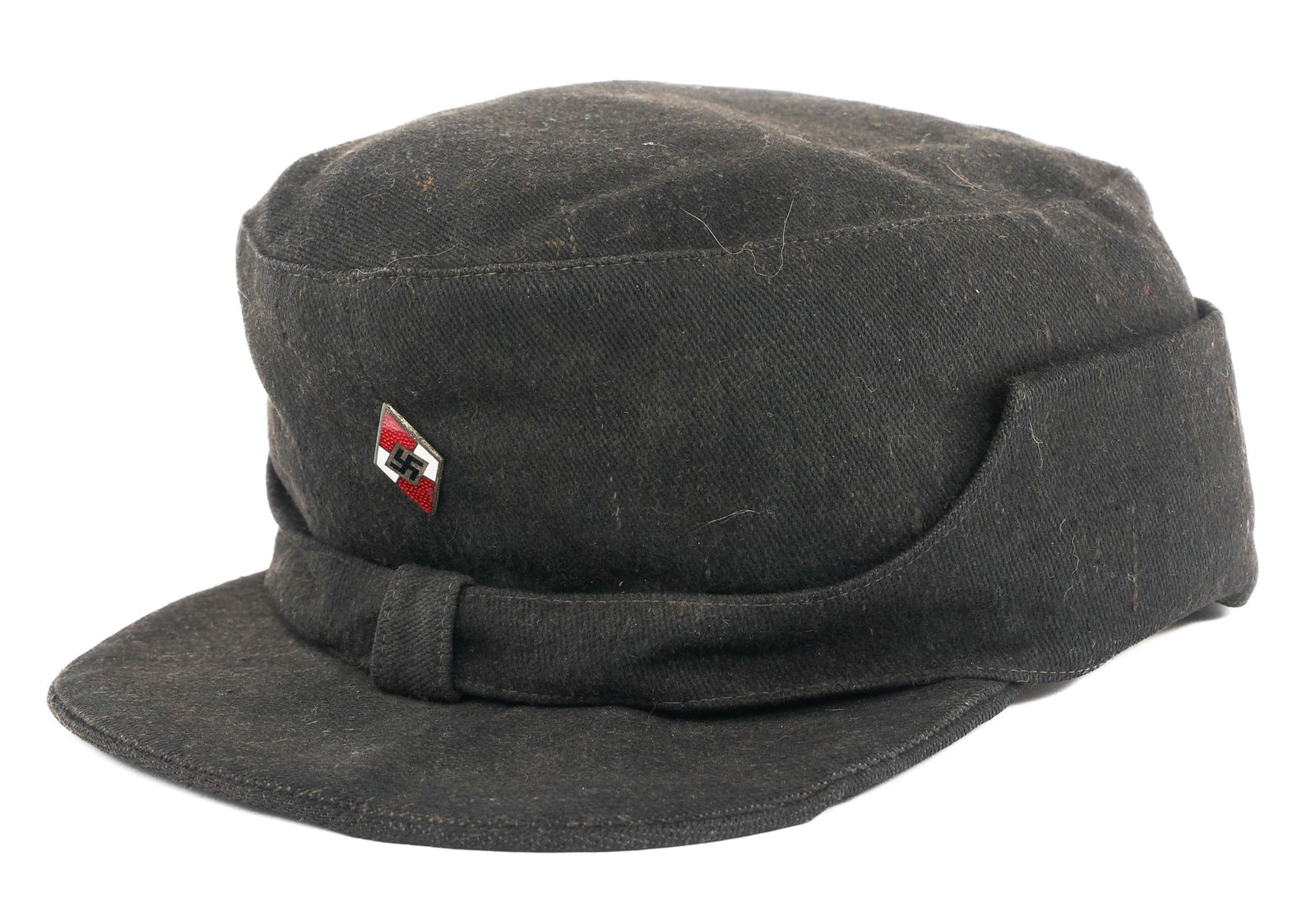 WWII GERMAN HITLER YOUTH FLAK HELPER FIELD CAP: WWII GERMAN HITLER YOUTH FLAK HELPER FIELD CAP WWII German Hitler Youth Flak Helper Field Cap. Black wool construction with HJ enamel badge. No visible maker marks or size.