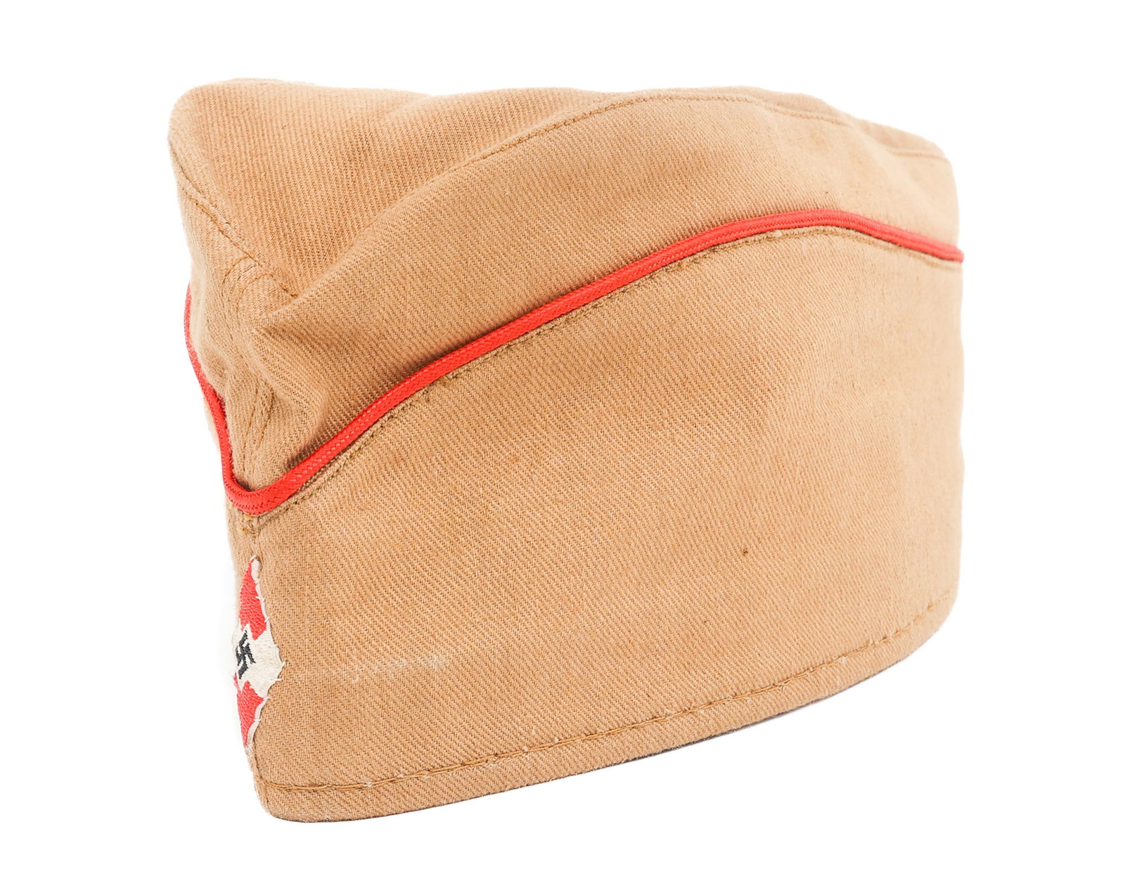 WWII GERMAN HITLER YOUTH OVERSEAS CAP: WWII GERMAN HITLER YOUTH OVERSEAS CAP WWII German Hitler Youth Overseas Cap. Khaki cotton construction with red piping and HJ diamond patch. Brown leather sweatband. No visible maker marks or RZM tags