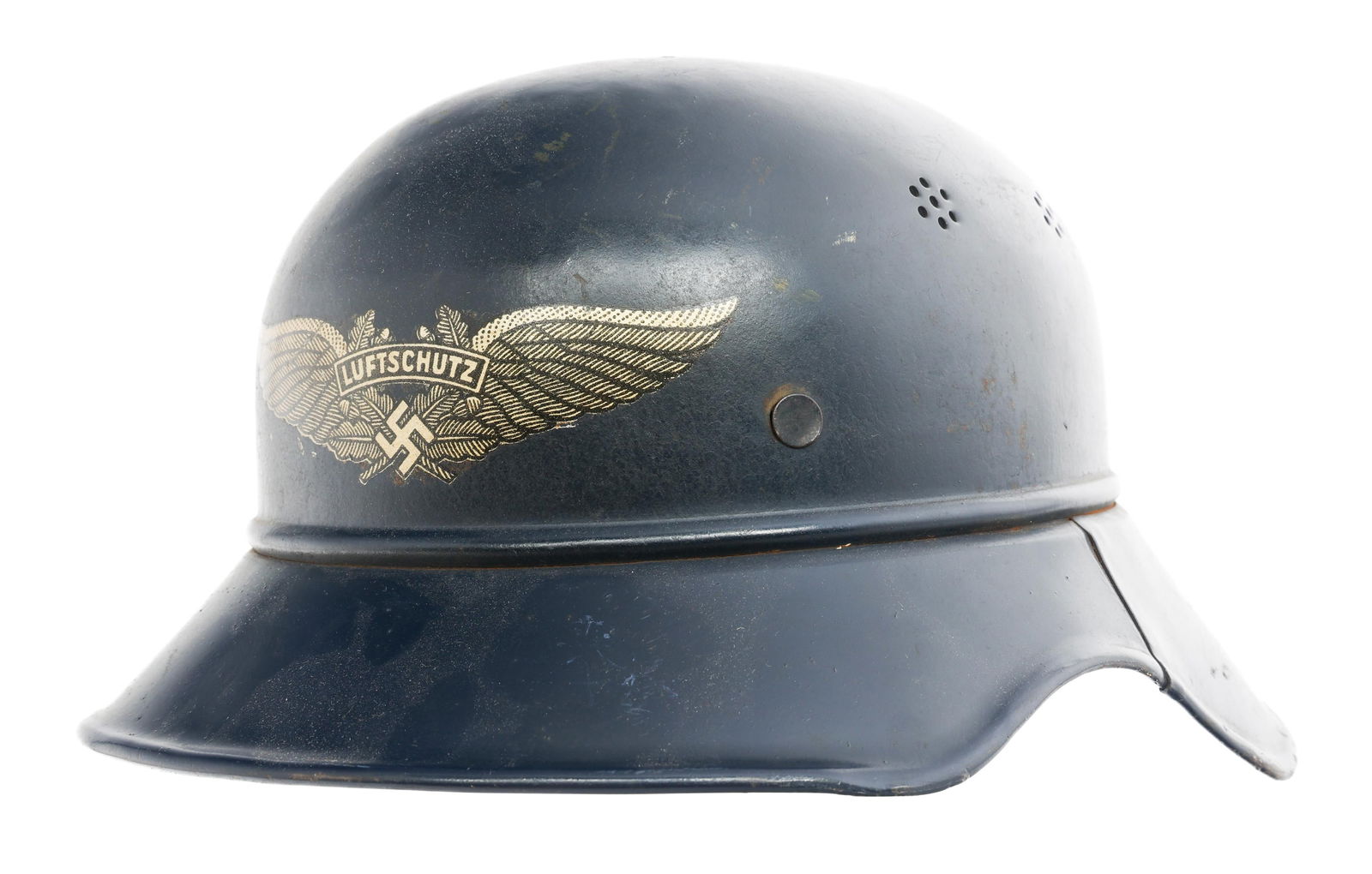 WWII GERMAN LUFTSCHUTZ M38 GLADIATOR HELMET: WWII GERMAN LUFTSCHUTZ M38 GLADIATOR HELMET WWII German Luftschutz M38 Gladiator Helmet. Luftschutz decal on the front. Leather liner & chinstrap. "RL2 - 39/10" stamped on the interior next to manufac