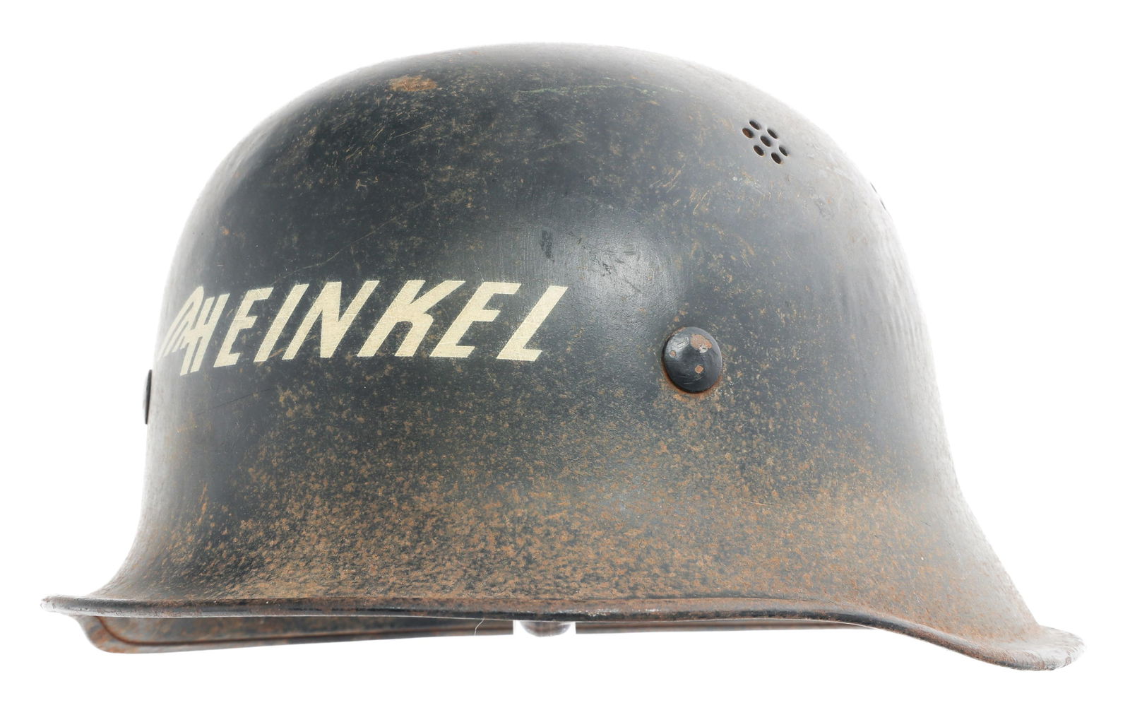 WWII GERMAN HEINKEL FACTORY WORKER HELMET: WWII GERMAN HEINKEL FACTORY WORKER HELMET WWII German Heinkel Factory Worker Helmet. Manufacture front decal. Complete with leather liner and chinstrap.