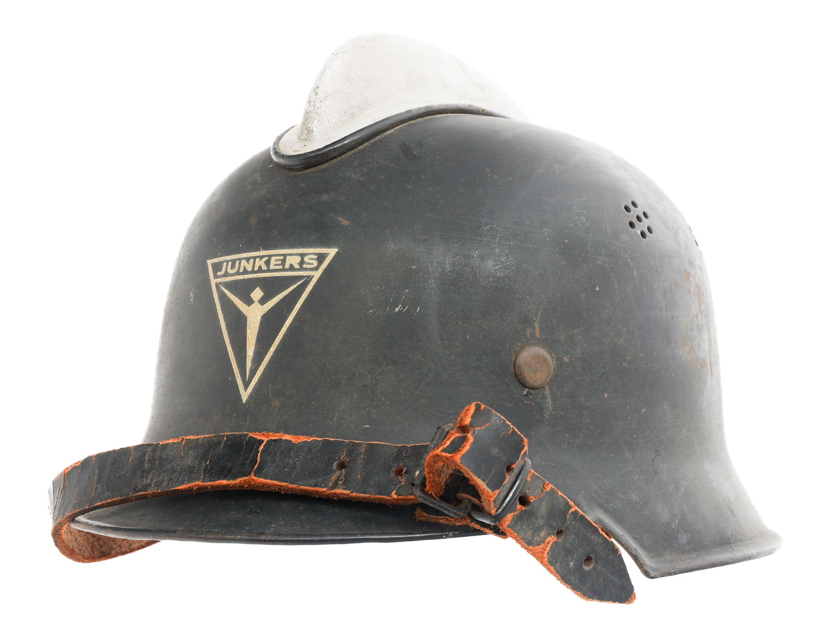 WWII GERMAN JUNKERS FACTORY WORKER HELMET: WWII GERMAN JUNKERS FACTORY WORKER HELMET WWII German Junkers Factory Worker Helmet. Manufacture front decal, aluminum comb. Complete with leather liner and chinstrap.