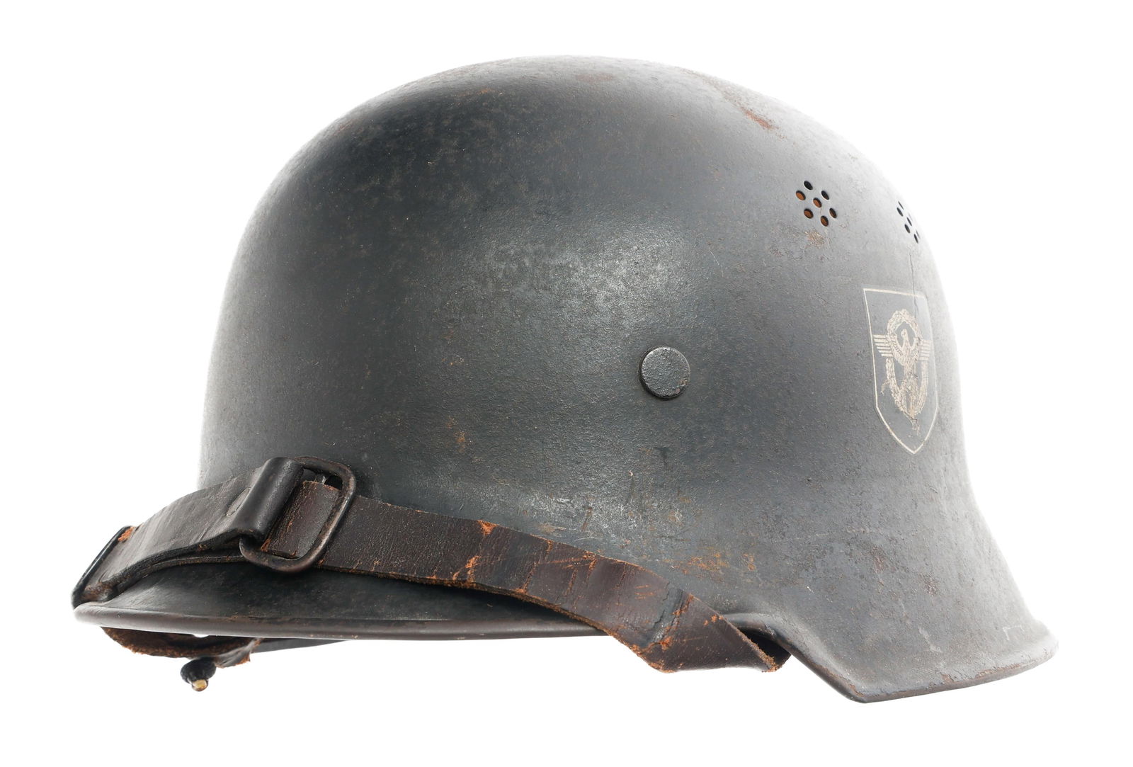 WWII GERMAN M34 DOUBLE DECAL FIRE POLICE HELMET: WWII GERMAN M34 DOUBLE DECAL FIRE POLICE HELMET WWII German M34 Double Decal Fire Police Helmet. Complete with leather liner and chinstrap.