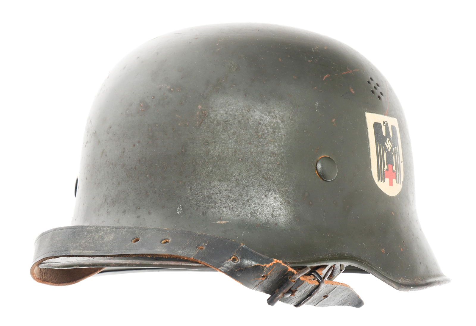 WWII GERMAN M34 RED CROSS SD CIVILIAN HELMET: WWII GERMAN M34 RED CROSS SD CIVILIAN HELMET WWII Early War German M34 Red Cross Civilian Helmet. Green painted shell with single Red Cross decal. No visible marks. Leather liner and chinstrap. Stamps