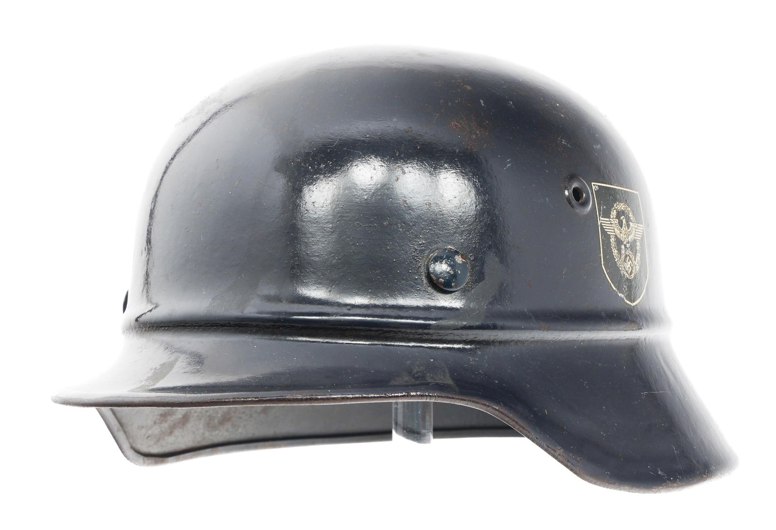 WWII GERMAN POLICE DD M35 BEADED HELMET: WWII GERMAN POLICE DD M35 BEADED HELMET WWII German Police M35 Beaded Helmet. Navy blue / Black painted shell with German Police and NSDAP side decals. EF62 heat stamped on the inside. Nine tongue lea