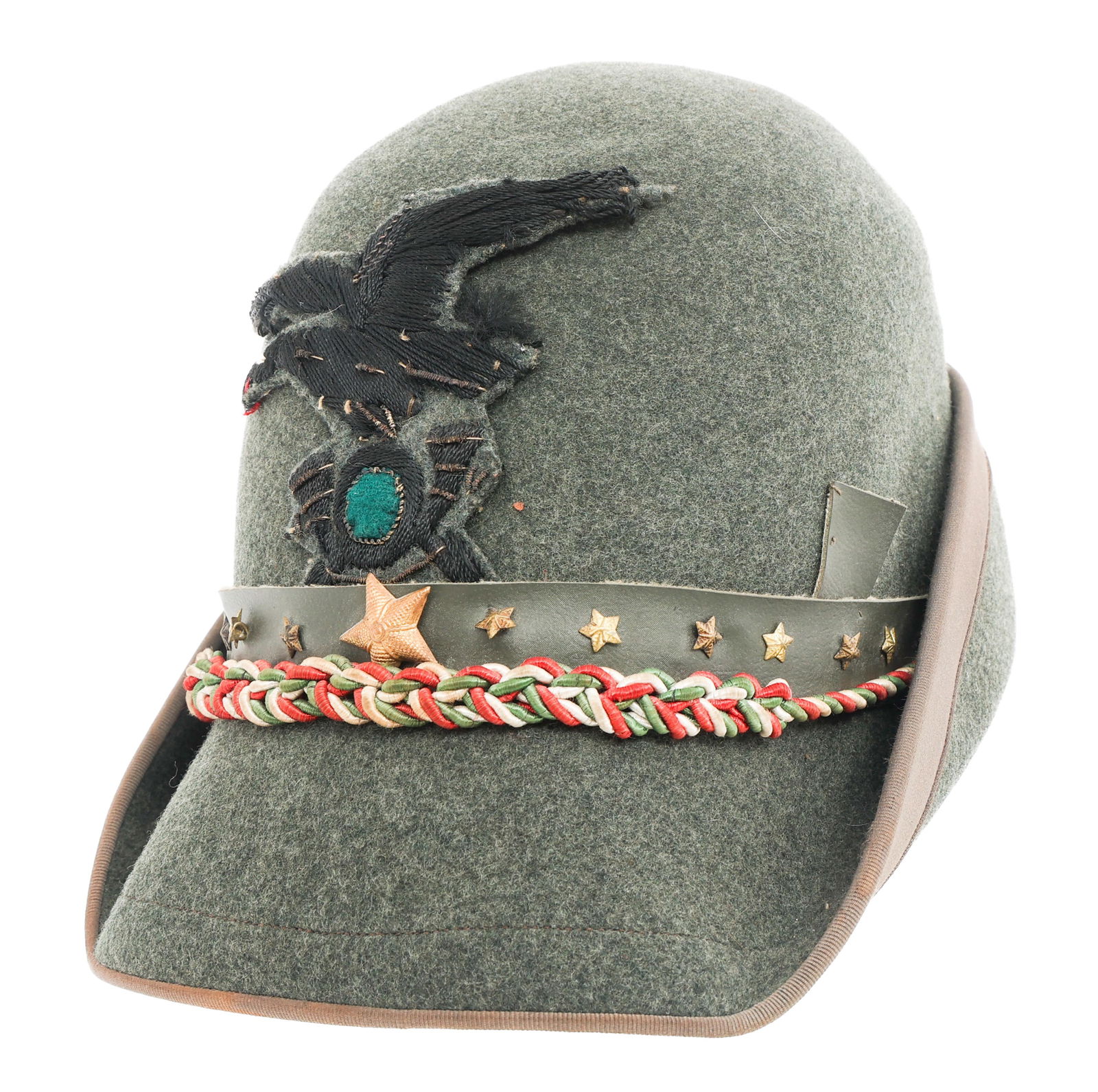 WWII ITALIAN JUNIOR ALPINE CAP: WWII ITALIAN JUNIOR ALPINE CAP WWII Italian Junior Alpine Cap. Wool construction. Alpine regiment front badge. Leather band with brass stars. Maker stamp present on the inside.