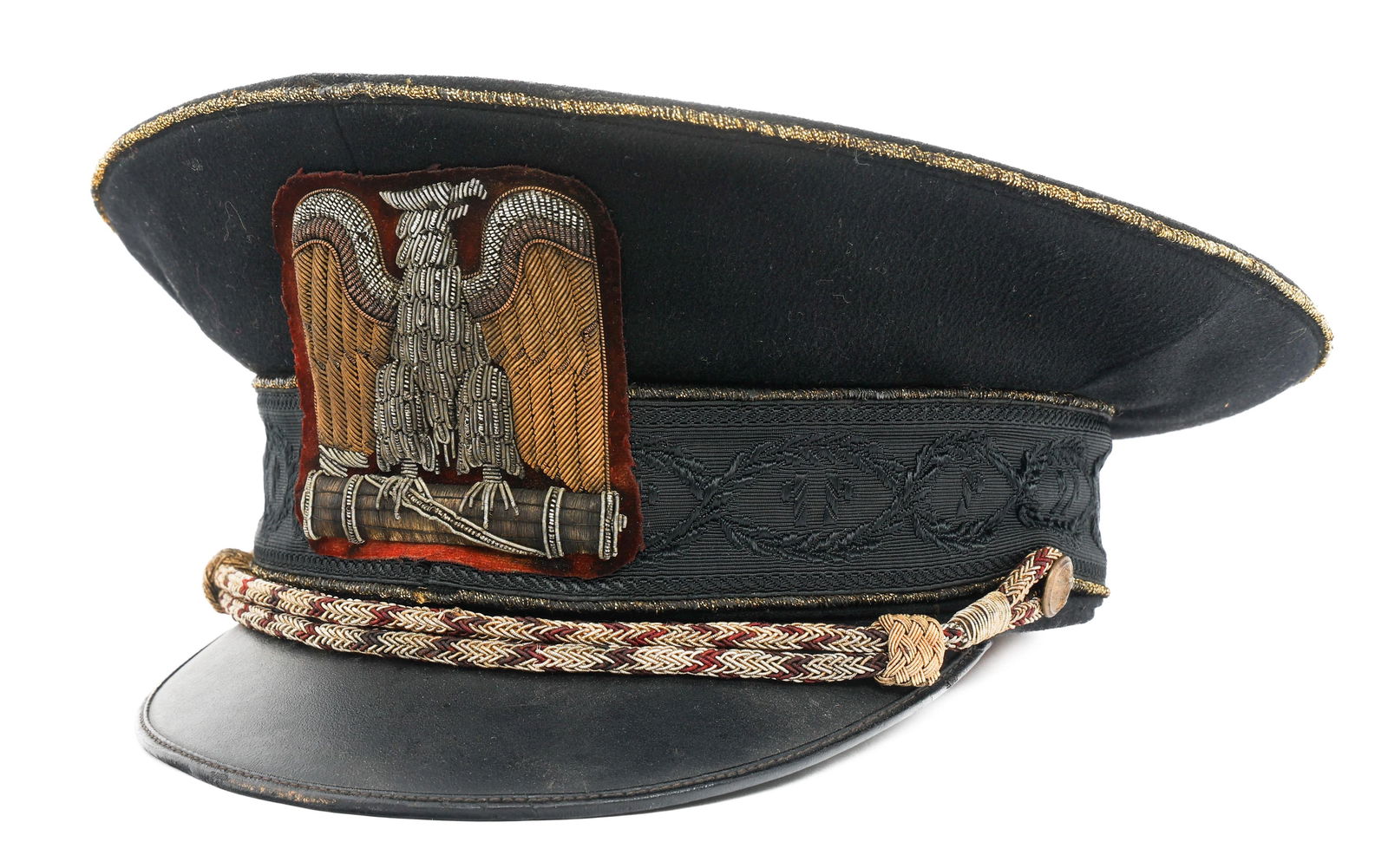 WWII ITALIAN PNF HIGH LEADER VISOR CAP: WWII ITALIAN PNF HIGH LEADER VISOR CAP WWII Italian PNF High Leader Visor Cap. Fine wool construction. Bullion stitched front badge and chin cord. Stitched band with bullion trim. Leather visor and sw