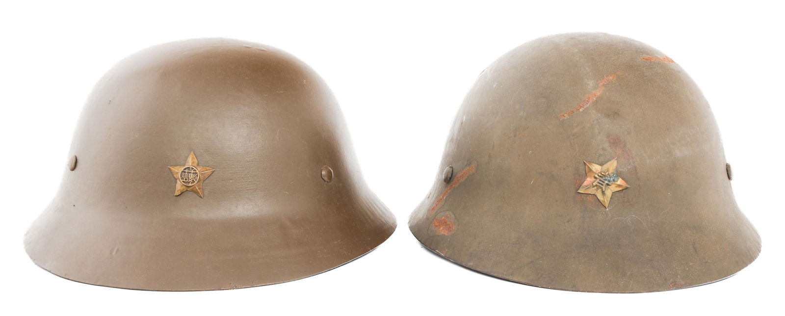 WWII JAPANESE CIVIL DEFENSE HELMETS: WWII JAPANESE CIVIL DEFENSE HELMETS WWII Japanese Civil Defense Helmets. (2) CD Helmets. Frontal applied stars with kanji in the center. Burlap and wool liners with chinstraps.