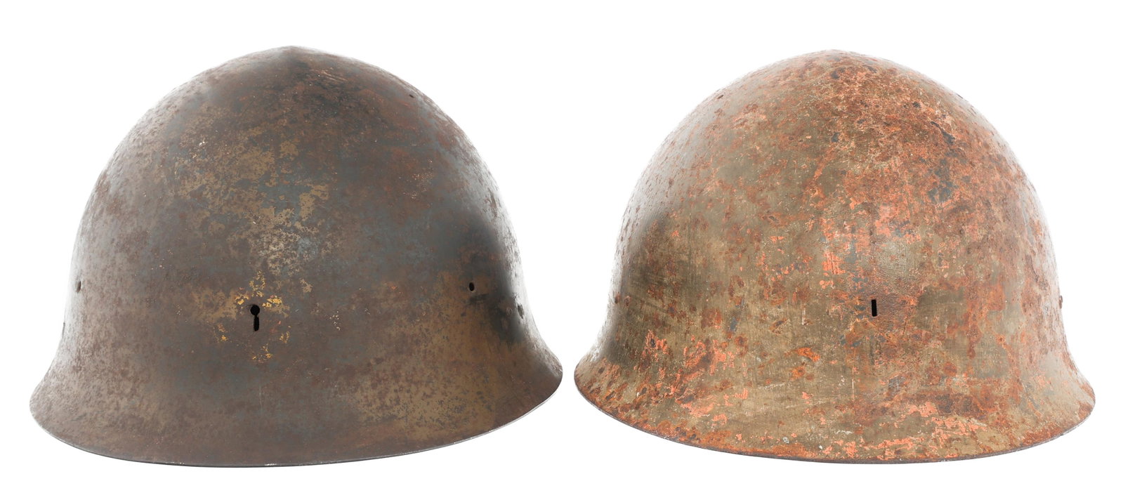 WWII IMPERIAL JAPANESE TYPE 90 HELMET SHELLS: WWII IMPERIAL JAPANESE TYPE 90 HELMET SHELLS Two WWII Imperial Japanese Type 90 Combat Helmet Shells. No liners or insignia. One has a replacement shoelace chinstrap.