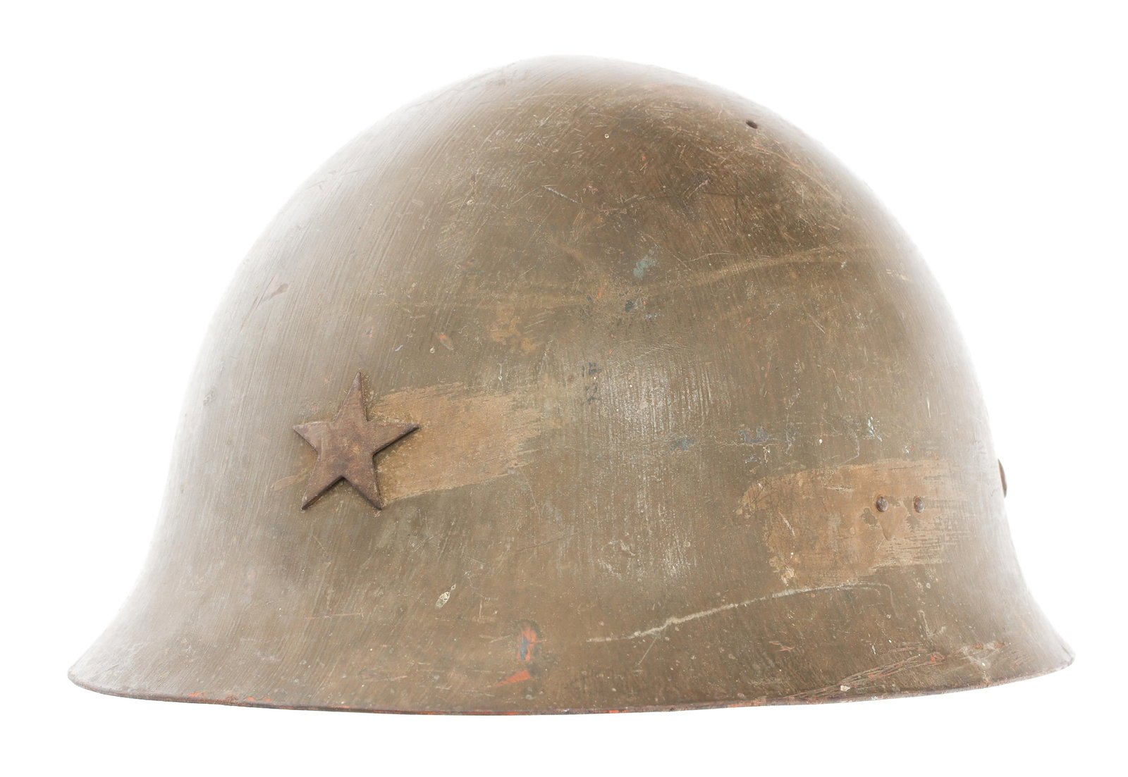 WWII IMPERIAL JAPANESE ARMY TYPE 90 COMBAT HELMET: WWII IMPERIAL JAPANESE ARMY TYPE 90 COMBAT HELMET WWII Imperial Japanese Army Type 90 Combat Helmet. Frontal IJA star insignia. Padded leather liner and cloth chinstrap. Hand painted Kanji characters 