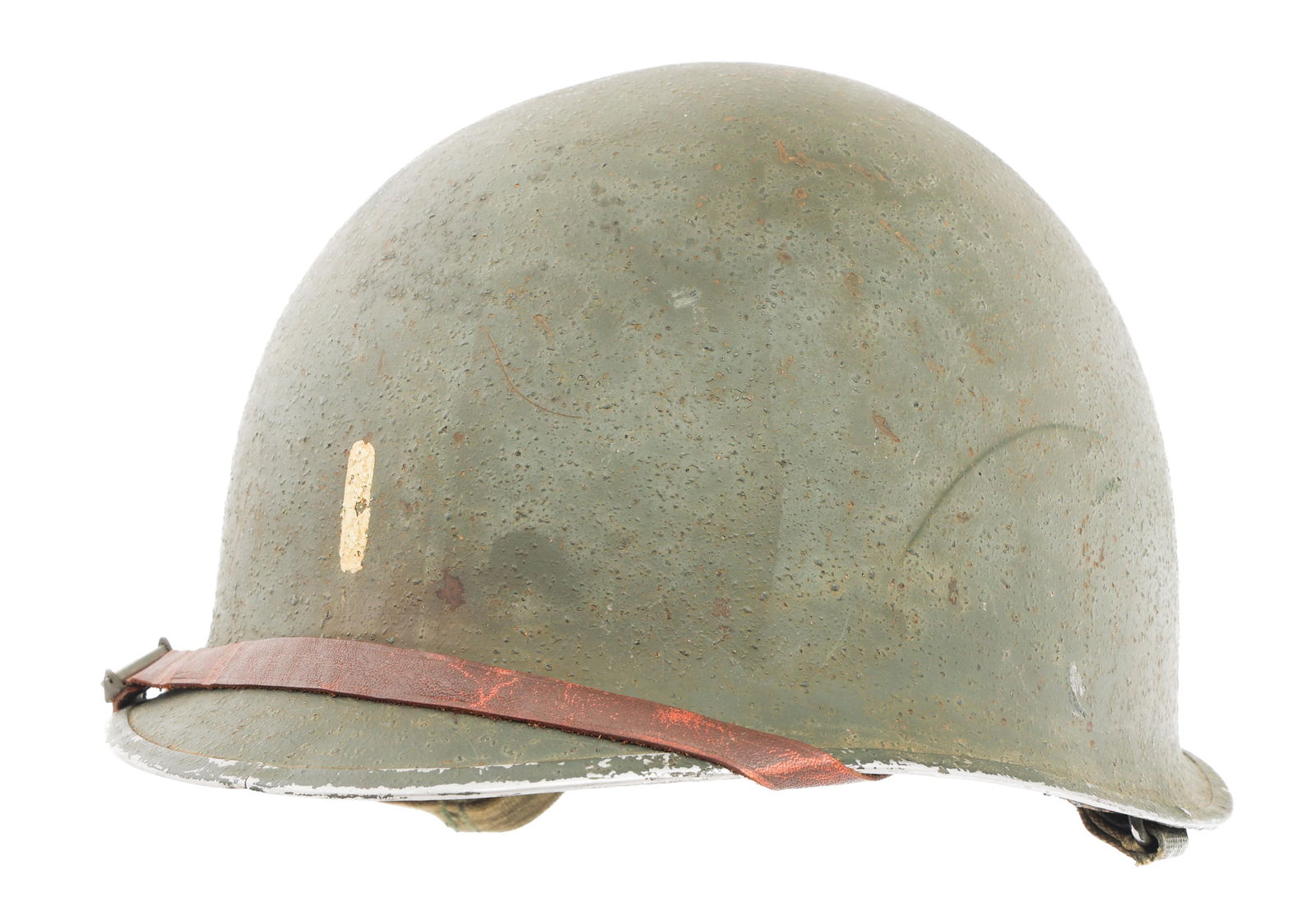 LATE WWII US M1C PARATROOPER HELMET WITH LINER: LATE WWII US M1C PARATROOPER HELMET WITH LINER Late WWII US Army M1C Paratrooper Officer Helmet. Front seam, fixed bale, late 1942 McCord production shell with OD3 M1C field modified chinstrap. Lot nu