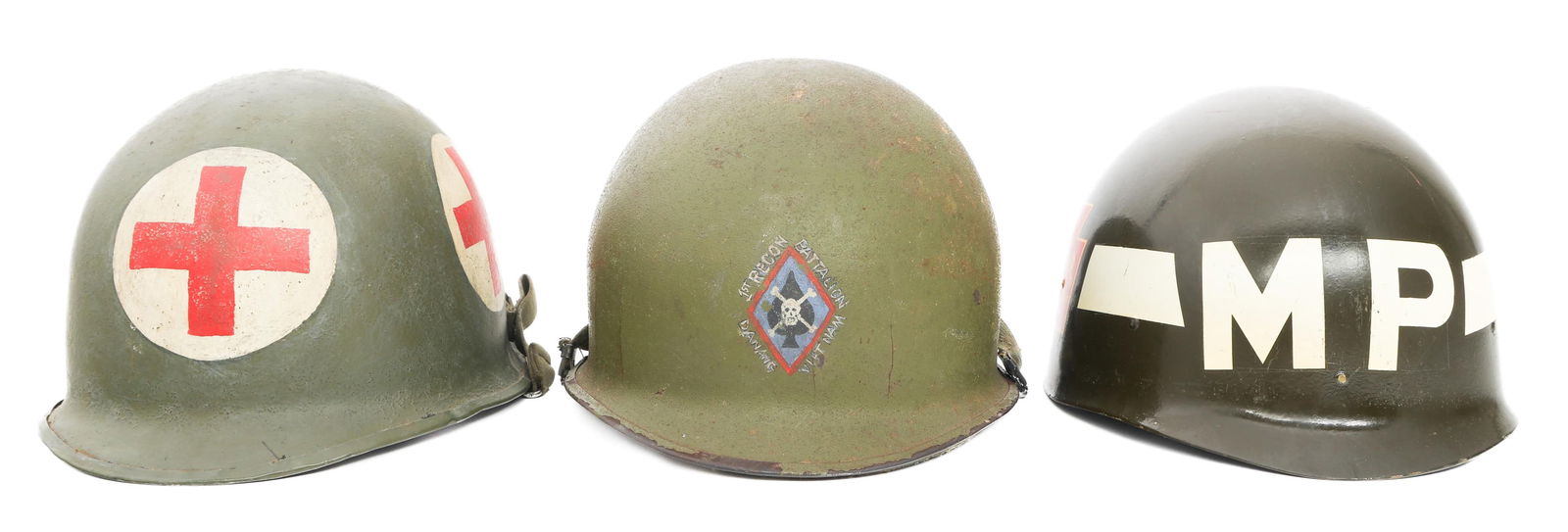 WWII - VIETNAM WAR MP & M1 PAINTED HELMETS: WWII - VIETNAM WAR MP & M1 PAINTED HELMETS WWII - Vietnam War Military Police and Post War Painted Helmets. (1) WWII M1. Rear seam, swivel bale. Chinstrap present. Post war painted shell. 493A S heat