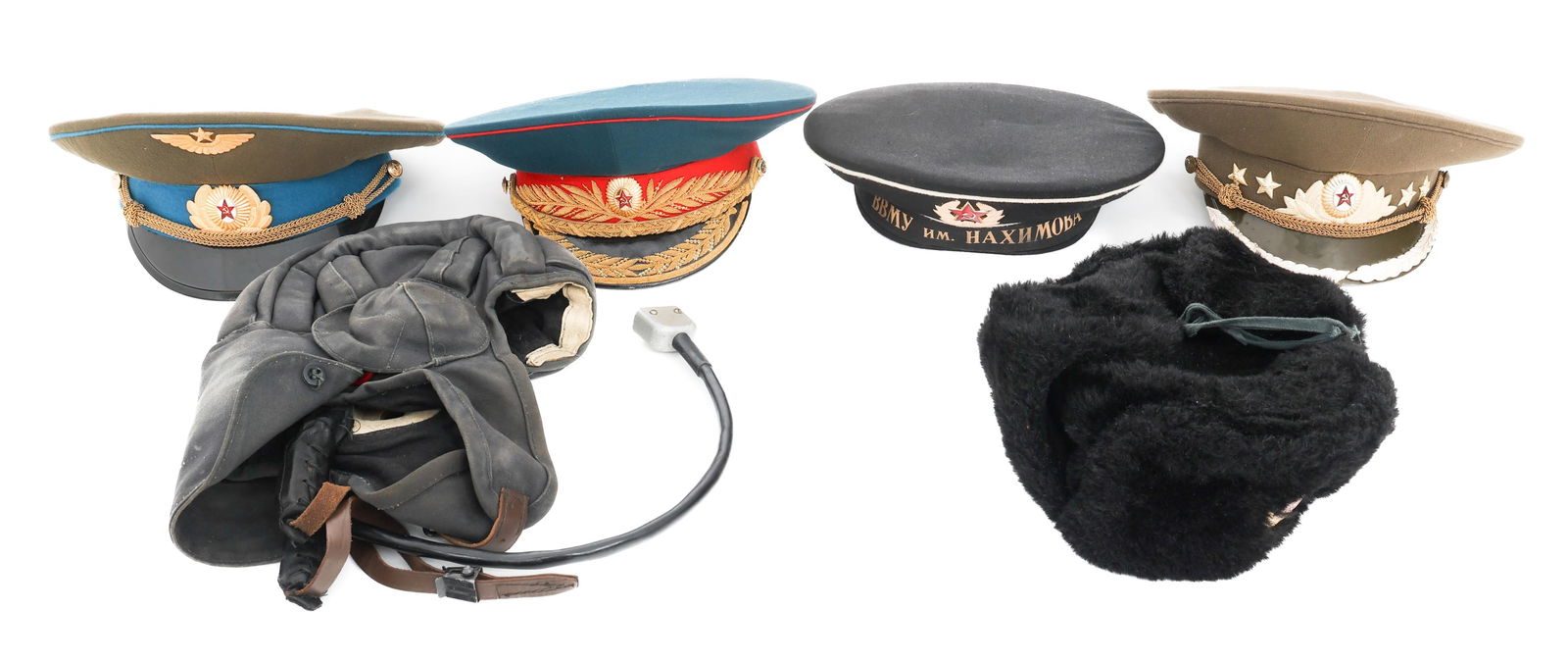 COLD WAR SOVIET GENERAL HAT & HEADGEAR: COLD WAR SOVIET GENERAL HAT & HEADGEAR Cold War Era Soviet General Hat & Headgear. Including Gold bullion embroidered Soviet Army General dress hat; Air Force officer; Navy sailor, Officer khaki servi
