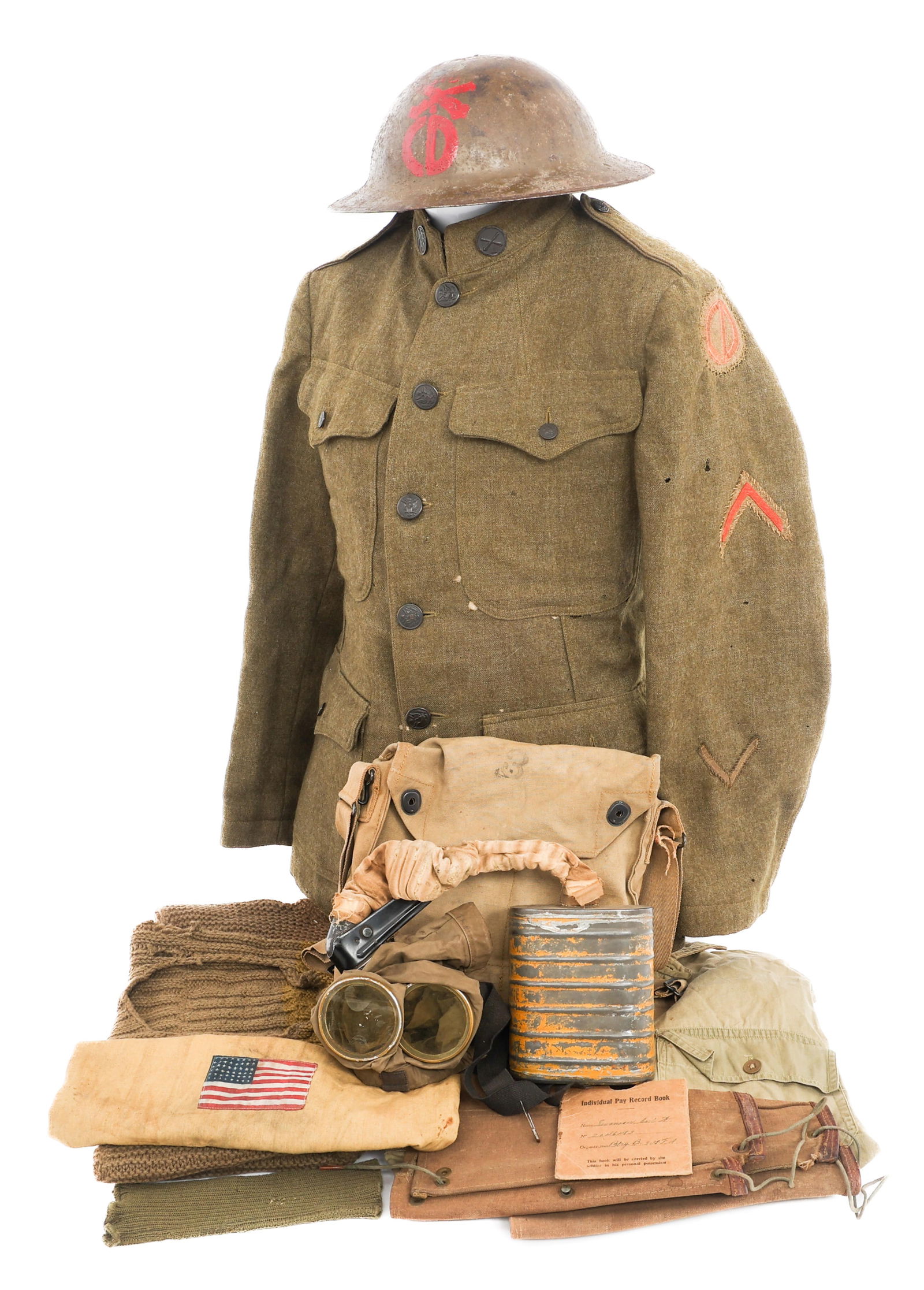 WWI US 85th DIVISION HELMET, UNIFORM & GAS MASK: WWI US 85th DIVISION HELMET, UNIFORM & GAS MASK WWI US Army 85th Division M1917 Helmet, Uniform and Gas Mask. (1) M1917 Helmet. 85th Division Artillery painted insignia. Liner and chinstrap present. P