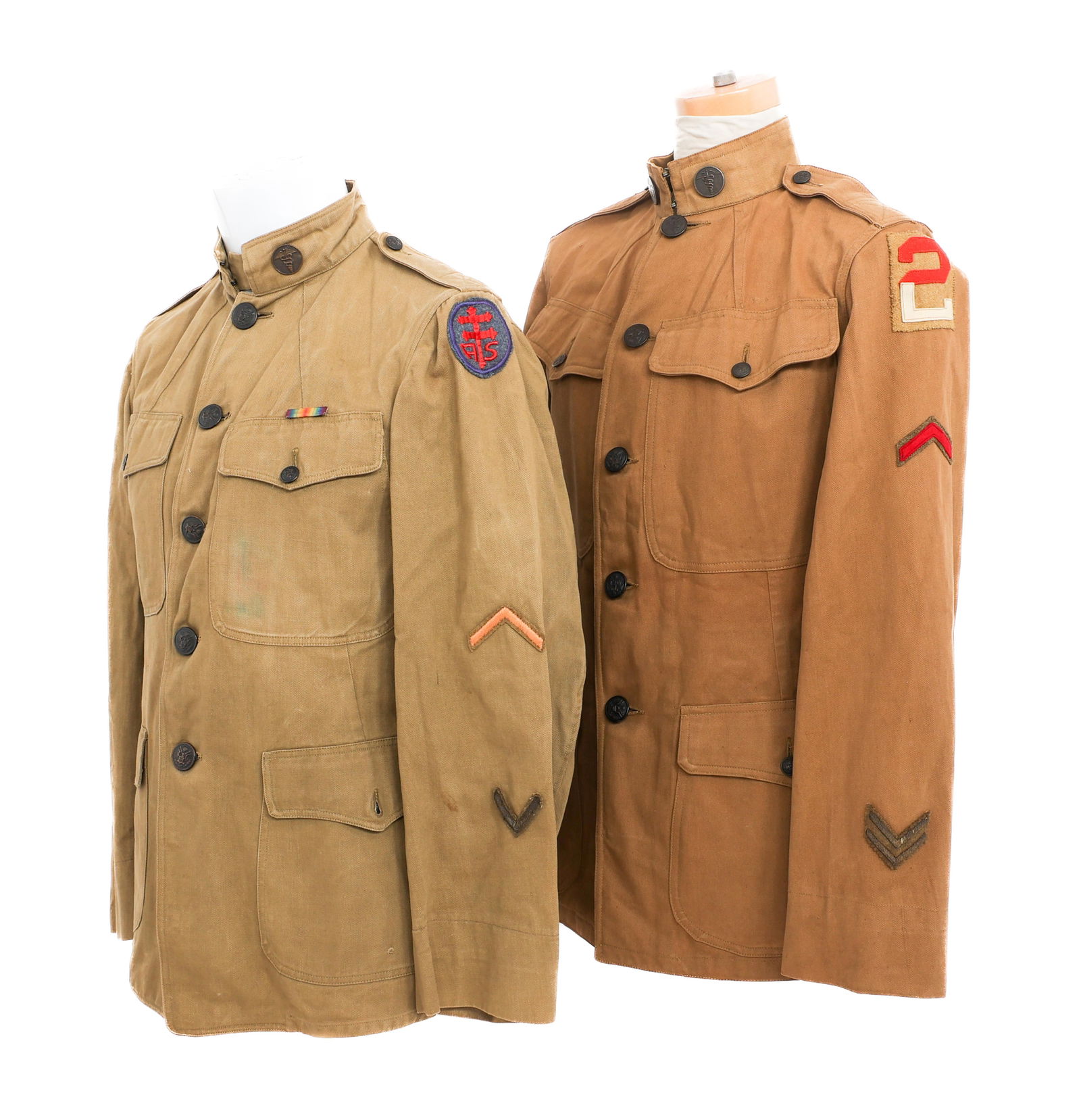 WWI US ADVANCED SECTION & 2nd ARMY M1910 TUNICS: WWI US ADVANCED SECTION & 2nd ARMY M1910 TUNICS WWI US AEF Advanced Section & 2nd Army M1910 Cotton Tunics. (1) Advanced Section Medical Corps NCO M1910 Khaki Cotton Summer Tunic. Advanced Section sho