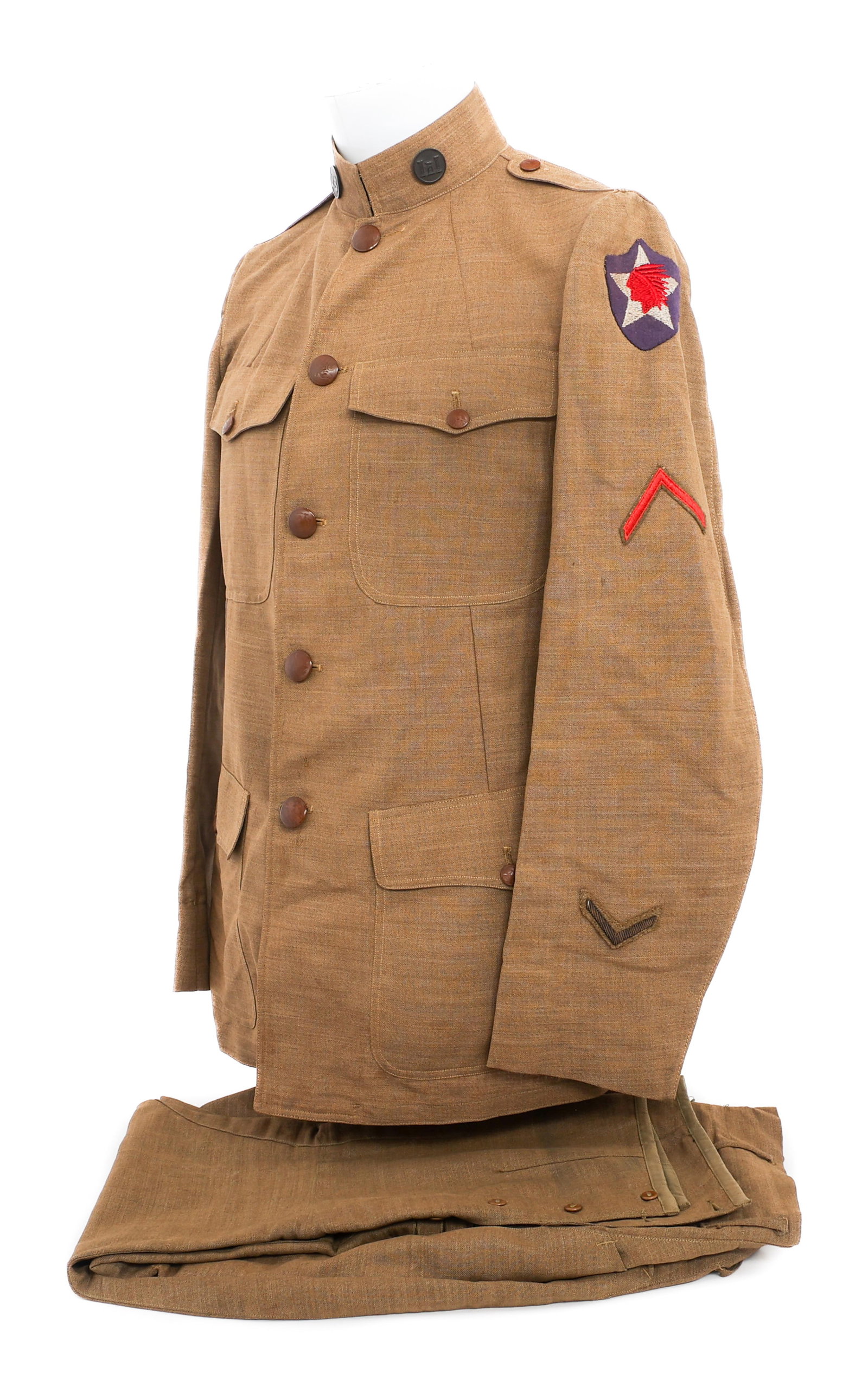 WWI US AEF 4th MACHINE GUN BATT, 2nd DIV UNIFORM: WWI US AEF 4th MACHINE GUN BATT, 2nd DIV UNIFORM WWI US AEF 4th Machine Gun Battalion, 2nd Division M1912 Pattern Summer Uniform. Lightweight, khaki linen construction. 4th Machine Gun Battalion cotto