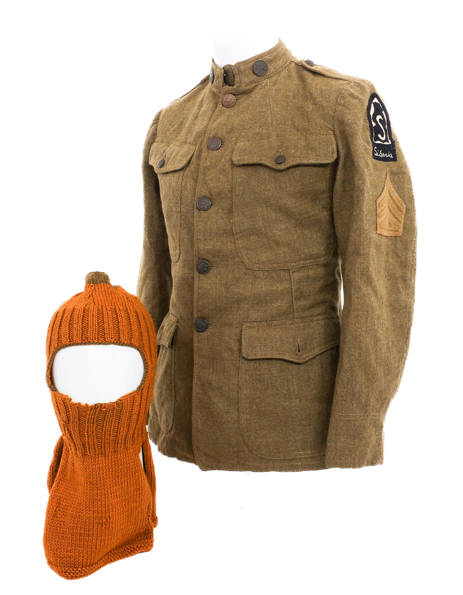 WWI US ARMY SIBERIAN EXPEDITION NCO M1912 TUNIC: WWI US ARMY SIBERIAN EXPEDITION NCO M1912 TUNIC WWI US Army Siberian Expeditionary Force NCO M1912 Tunic. OD wool construction. Siberian Expeditionary Force shoulder patch, Supply Sergeant rank patch,