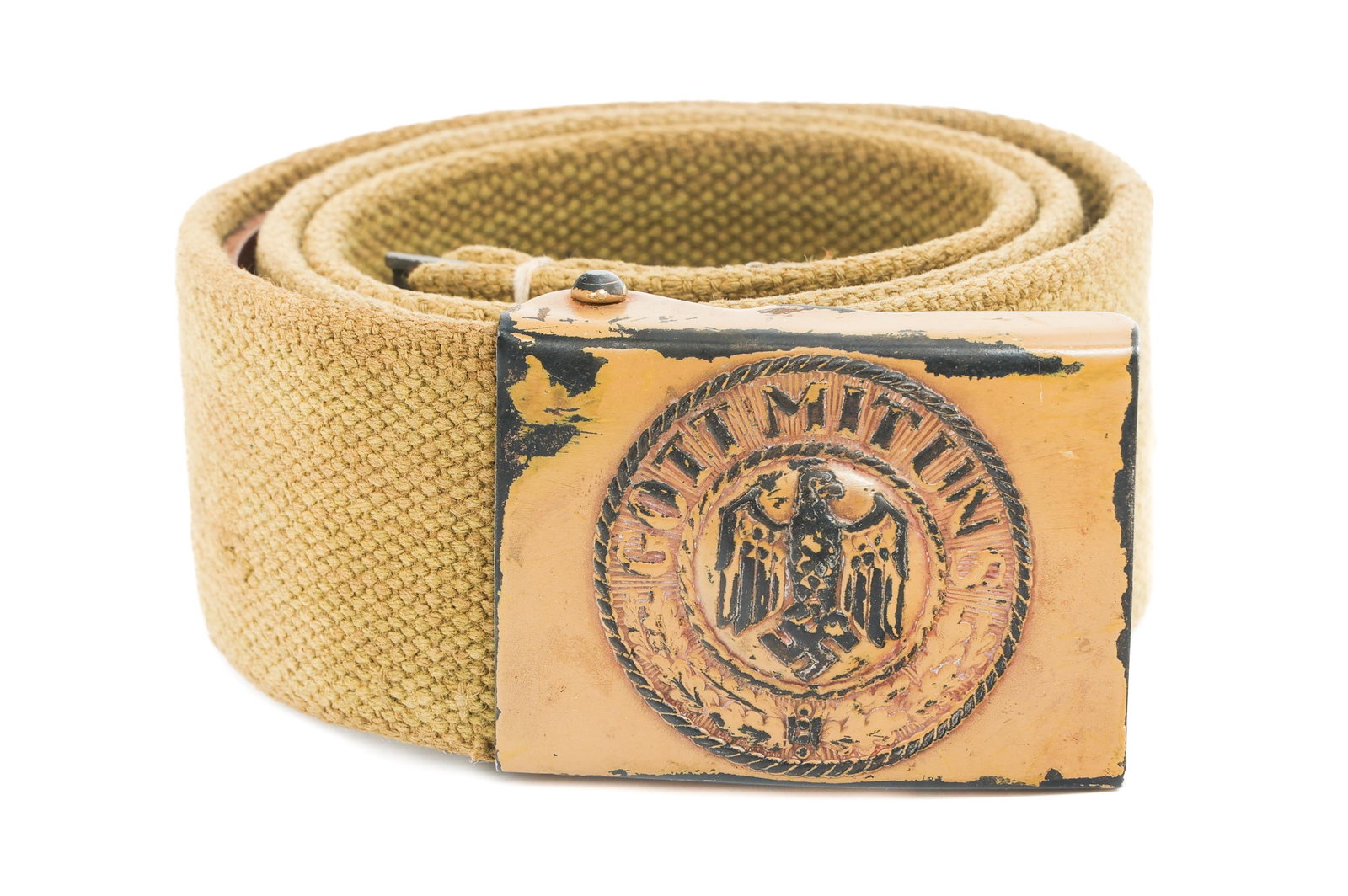 WWII GERMAN HEER AFRIKA CORPS COMBAT BELT: WWII GERMAN HEER AFRIKA CORPS COMBAT BELT WWII German Heer Afrika Corps Belt. Canvas construction. Painted steel Heer enlisted buckle. Stamps present, faded.