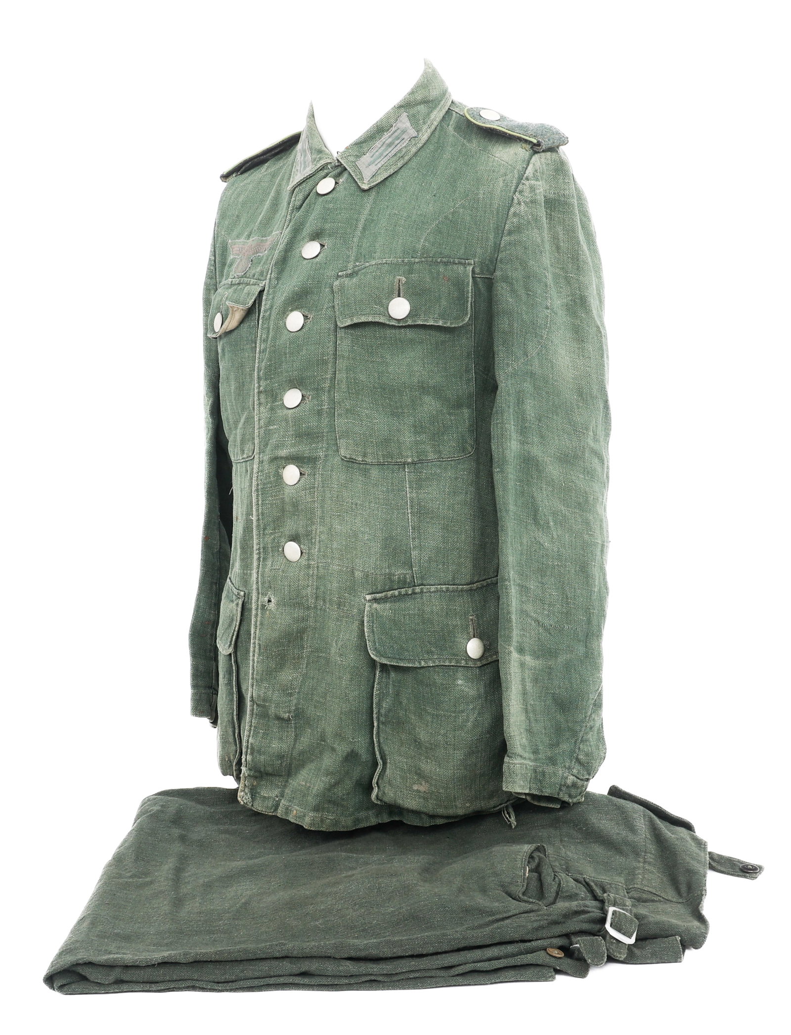 WWII GERMAN HEER M43 EM HBT TUNIC & TROUSERS: WWII GERMAN HEER M43 EM HBT TUNIC & TROUSERS WWII German Heer M43 Enlisted HBT Combat Tunic & Trousers. (1) Tunic. Feldgrau HBT construction. Enlisted Panzergrenadier shoulder boards, enlisted collar 