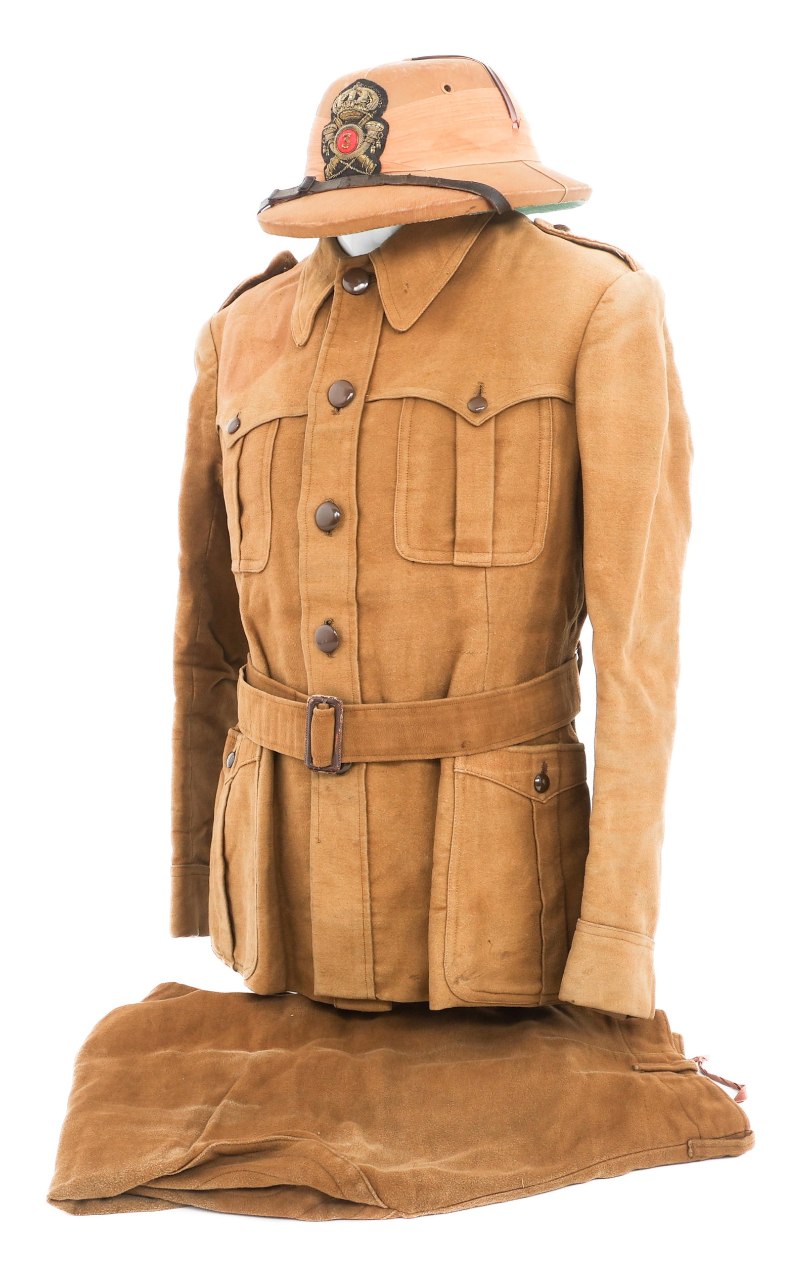 WWII ITALIAN ARMY TROPICAL PITH HELMET & UNIFORM: WWII ITALIAN ARMY TROPICAL PITH HELMET & UNIFORM WWII Italian Army Tropical Pith Helmet and Uniform. (1) Tropical Pith Helmet. Tailor tag present on the inside. Bullion stitched front badge. (1) Tropi