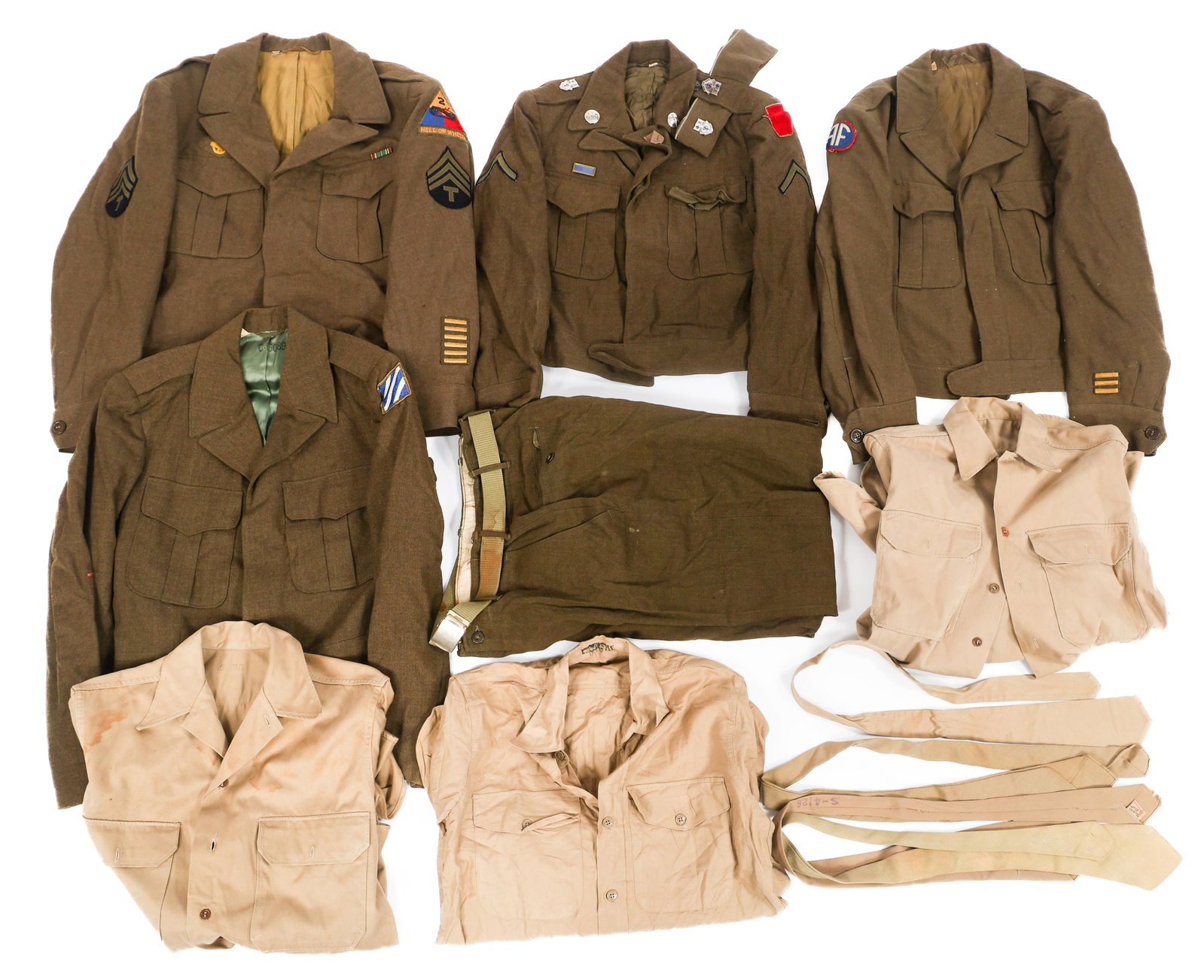 WWII - KOREAN WAR US ARMY EM / NCO UNIFORMS: WWII - KOREAN WAR US ARMY EM / NCO UNIFORMS WWII - Korea War US Army Enlisted Man / NCO Uniforms. (1) WWII US Army 2nd Armored NCO Ike jacket, size 42R, dated 44. (1) WWII US Army 28th Infantry unifor