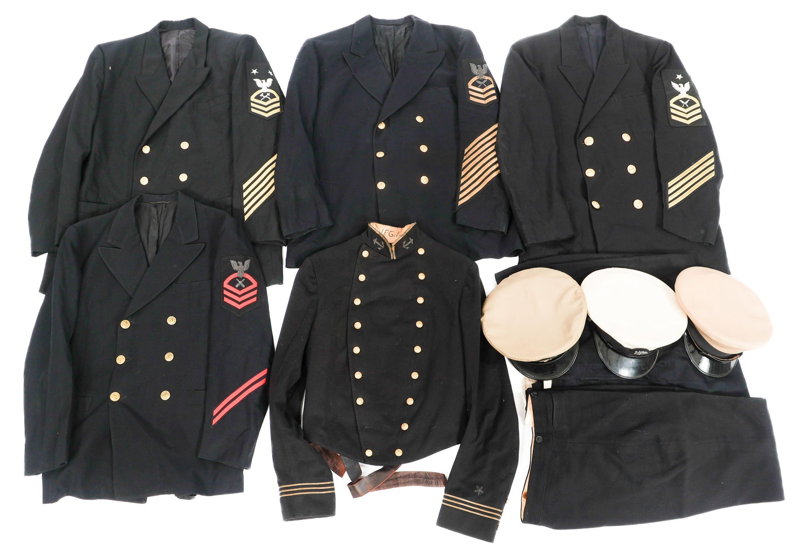 WWII - COLD WAR NAVAL ACADEMY & CPO DRESS UNIFORMS: WWII - COLD WAR NAVAL ACADEMY & CPO DRESS UNIFORMS WWII - Cold War Naval Academy and Chief Petty Officer Dress Uniforms. Various specialties, bullion rank patches. 3 service caps. Size: Medium