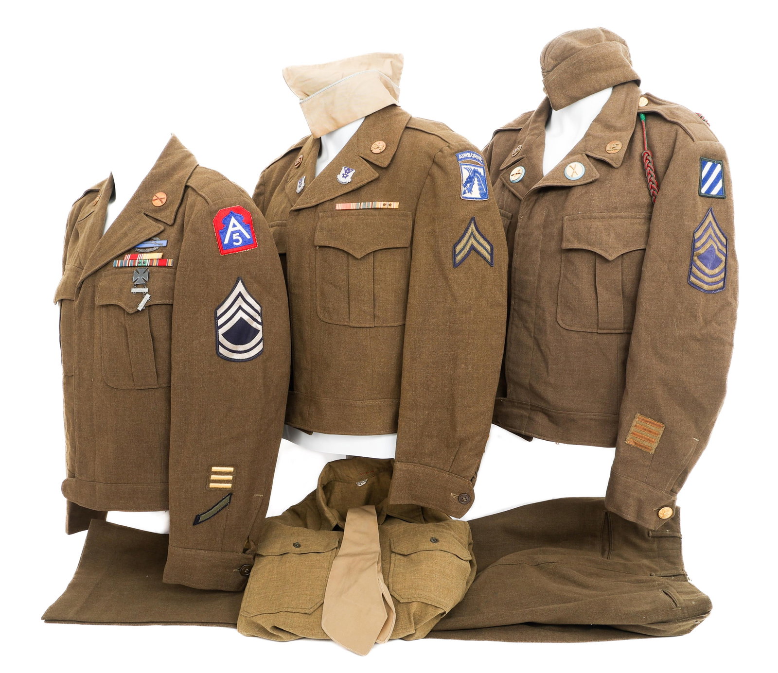 WWII US ARMY AIRBORNE & INFANTRY SERVICE UNIFORMS: WWII US ARMY AIRBORNE & INFANTRY SERVICE UNIFORMS WWII US Army 18th, 101st Airborne and 5th Army Service Tunics. (1) Service Tunic. Master sergeant rank stripes. 101st Airborne and 3rd Infantry should