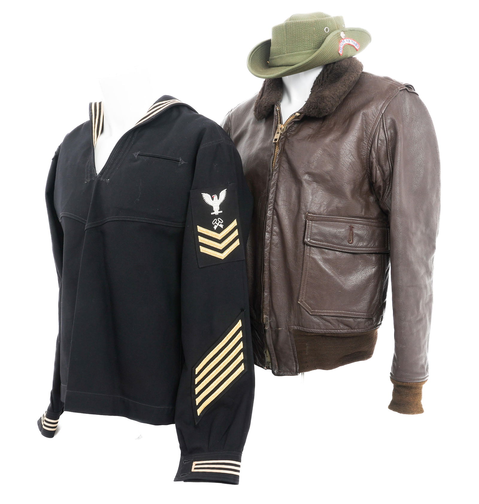 VIETNAM WAR USAF BUSH HAT, USN JUMPER & G1 JACKET: VIETNAM WAR USAF BUSH HAT, USN JUMPER & G1 JACKET Vietnam War USAF Theater Made Bush Hat, US Navy Enlisted Jumper, and G-1 Flight Jacket. (1) Bush Hat. OD Green hat with American Air Pirate and Nakhon
