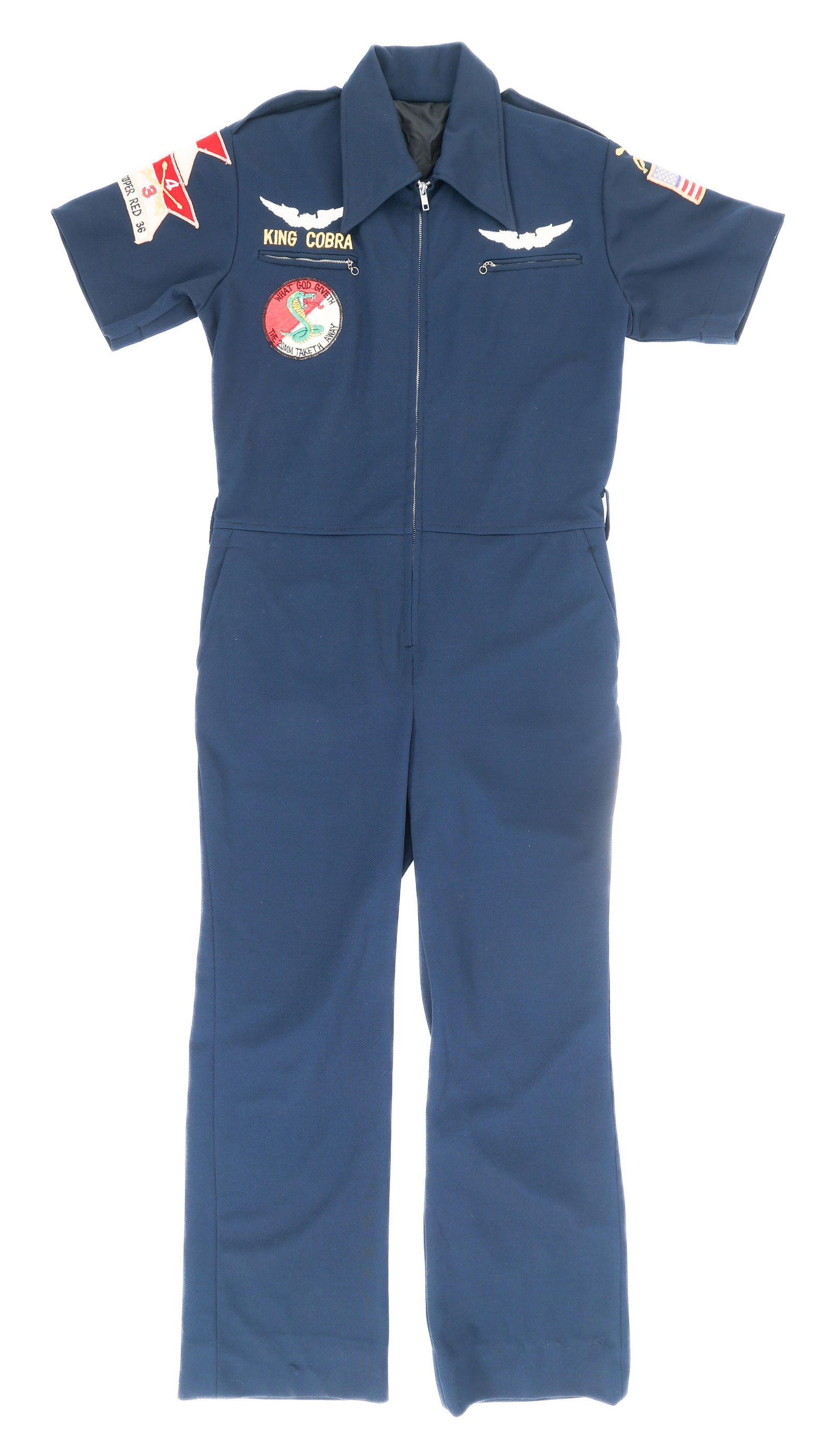 VIETNAM WAR US ARMY AIR CAV COBRA PILOT PARTY SUIT: VIETNAM WAR US ARMY AIR CAV COBRA PILOT PARTY SUIT Vietnam War US Army Air Cavalry Cobra Pilot Party Suit. Dark blue, fine wool suit with Cavalry crossed swords and US Flag patches on the left sleeve.