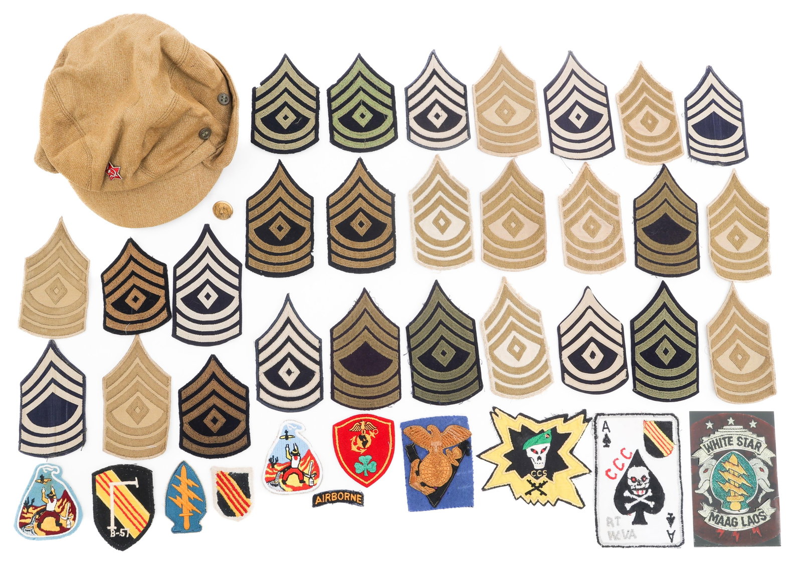 WWII - COLD WAR US & SOVIET PATCHES & HEADGEAR: WWII - COLD WAR US & SOVIET PATCHES & HEADGEAR WWII - Cold War US & Soviet Patches & Headgear. Includes USMC Londonderry Detachment patch, Command Control South & Central patches, 5th Special Forces G
