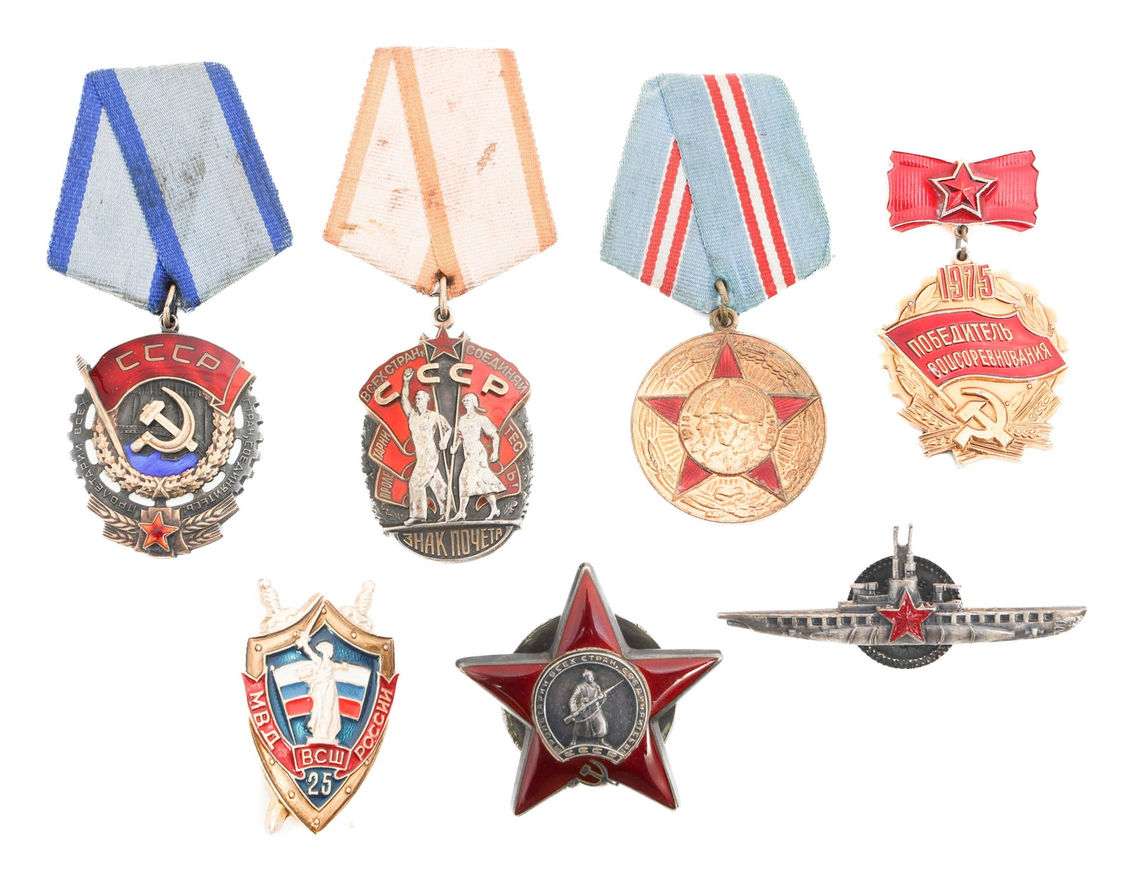 WWII - COLD WAR SOVIET UNION BADGES & MEDALS: WWII - COLD WAR SOVIET UNION BADGES & MEDALS WWII - Cold War Soviet Union Badges and Medals. (1) Order of the Red Star Badge. Serial numbered 3026802 on the reverse. (1) Badge of Honor. (1) Order of t