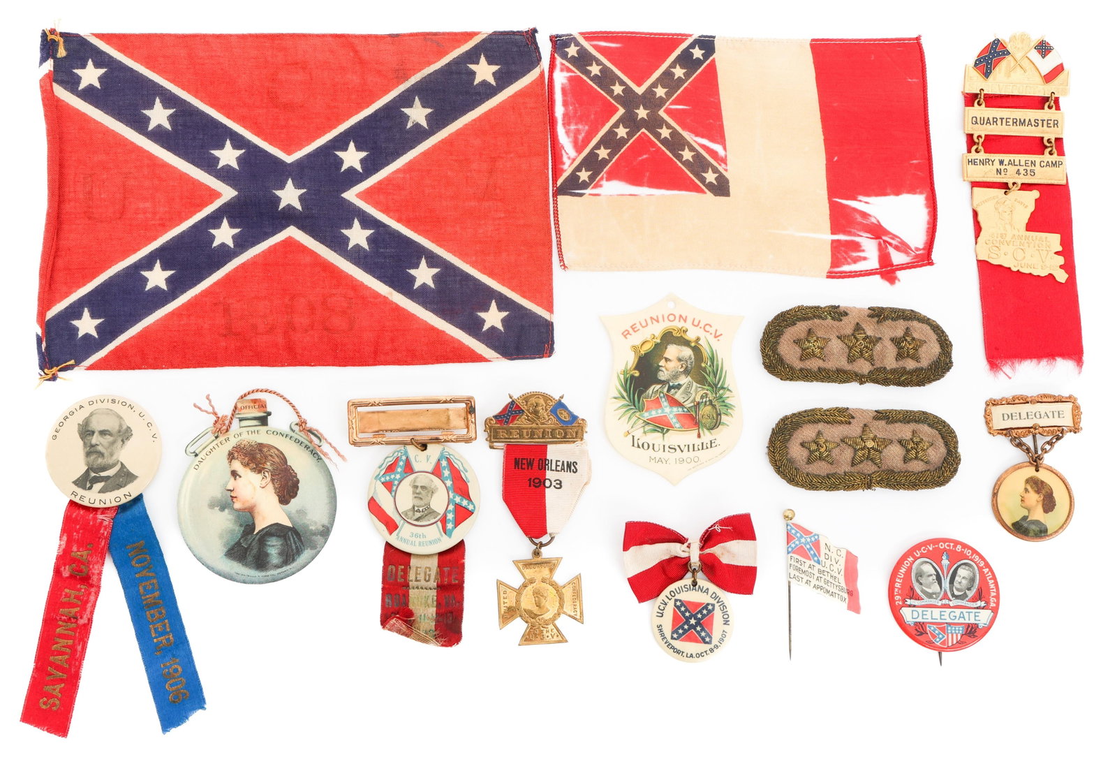 20th C. CONFEDERATE REUNION INSIGNIA & FLAGS: 20th C. CONFEDERATE REUNION INSIGNIA & FLAGS 20th Century Confederate Reunion Insignia and Flags. Includes General collar tabs, pins, ribbons, buttons and flags.