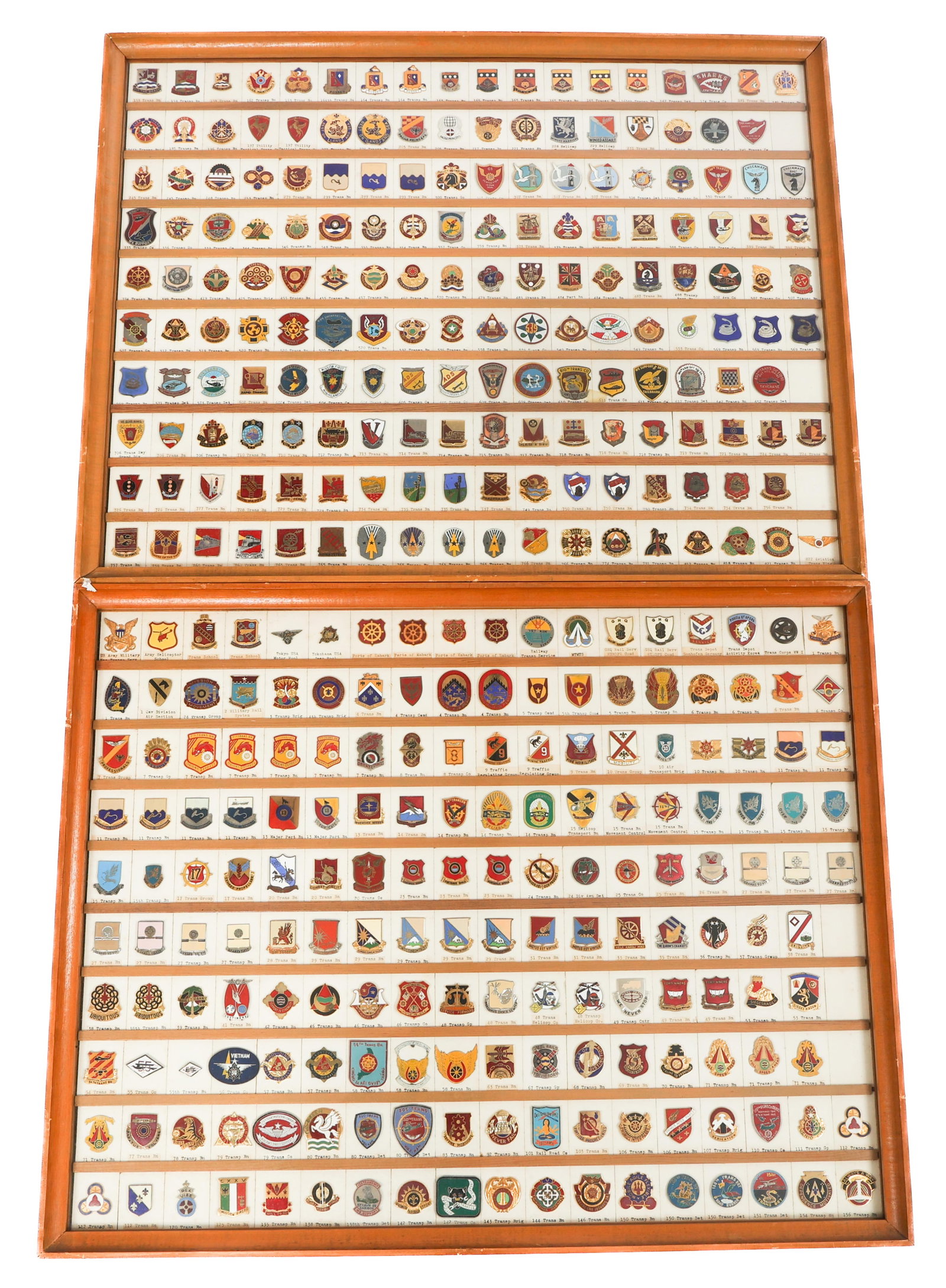 WWII - COLD WAR US ARMY TRANSPORTATION DUI CRESTS: WWII - COLD WAR US ARMY TRANSPORTATION DUI CRESTS WWII - Cold War US Army Framed Transportation DUI Crests. Includes 11th Trans Bn, 63rd Trans Bn, Tokyo USA Motor Pool, 1st Cav Div Air Section, 822nd 