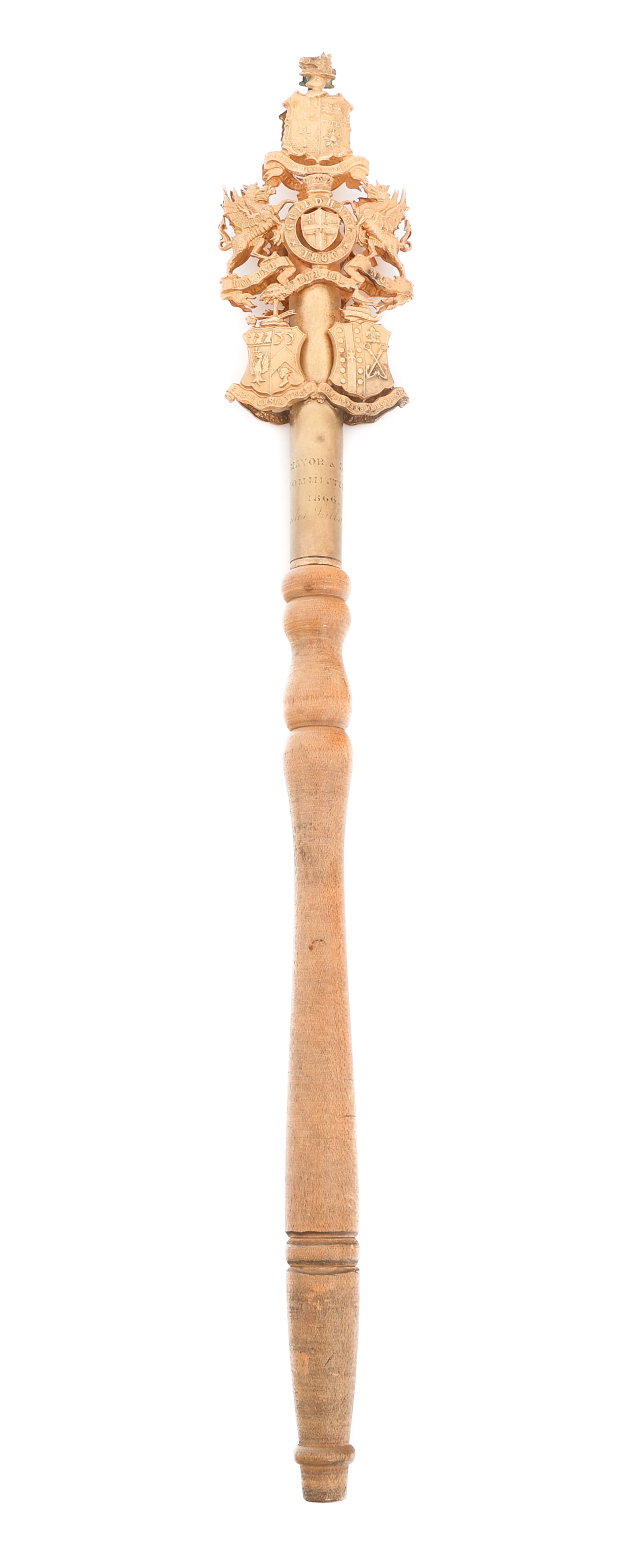 19TH C. CITY OF LONDON SHERIFF COMMITTEE TIPSTAFF: 19TH C. CITY OF LONDON SHERIFF COMMITTEE TIPSTAFF Scarce named and dated British Victorian City of London Sheriff's Committee Tipstaff. Gilt brass construction used by the City of London's Lord Mayor