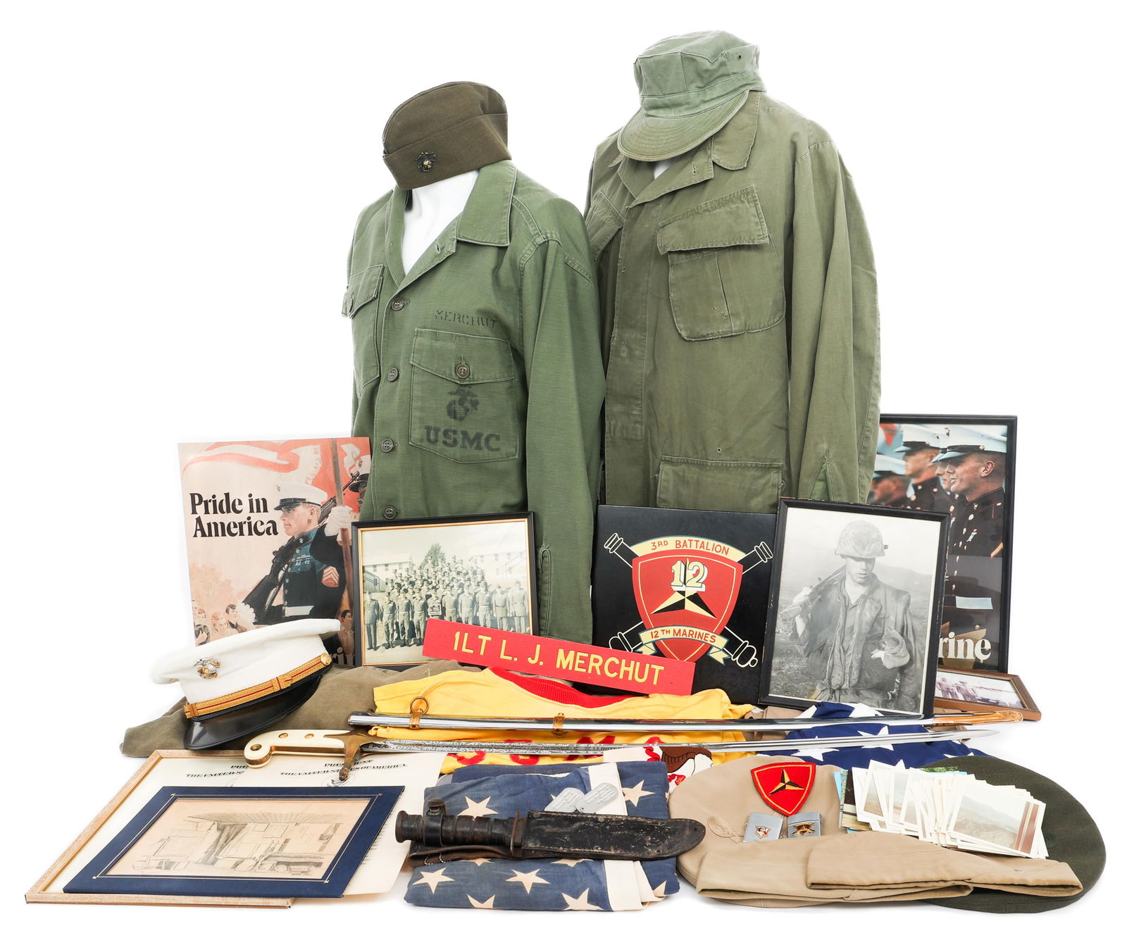 -VIETNAM WAR USMC OFFICER NAMED ARCHIVE: -VIETNAM WAR USMC OFFICER NAMED ARCHIVE Vietnam War US Marine Corps Officer Uniform, Insignia, and Paperwork Grouping. Named to 1st Lieutenant Lawrence J. Merchut of the 3rd Battalion, 12th Marines. I
