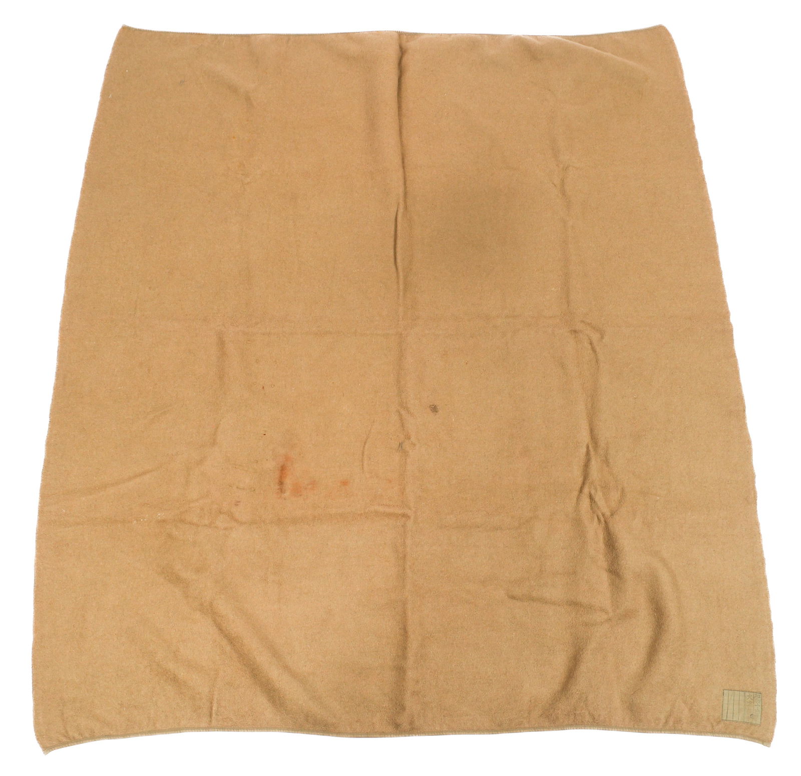 WWII IMPERIAL JAPANESE ARMY WOOL BLANKET: WWII IMPERIAL JAPANESE ARMY WOOL BLANKET WWII Imperial Japanese Army Wool Blanket. Khaki wool construction with depot tag in corner. Size: 72" x 67"