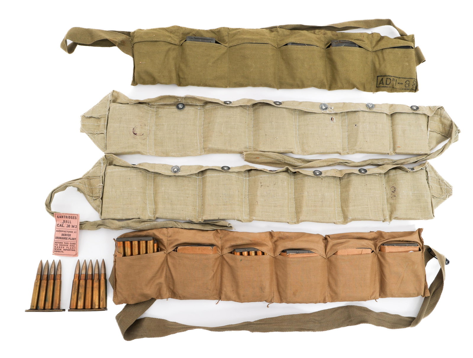 WWI - KOREAN WAR US & TURKISH AMMUNITION - 16 LBS: WWI - KOREAN WAR US & TURKISH AMMUNITION - 16 LBS Four WWI - Korean War US and Turkish Ammunition Bandoliers. Loaded stripper clips included. (12) M1903 .30-06 caliber. (6) M1 Carbine .30 caliber. (27