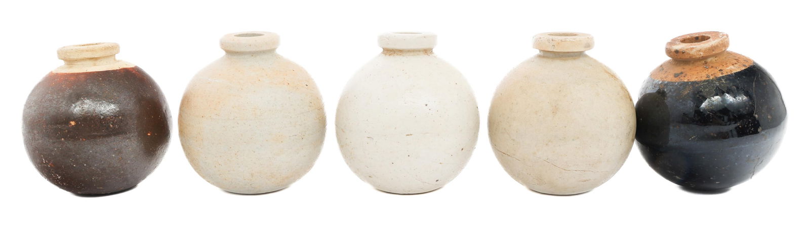 WWII IMPERIAL JAPANESE TYPE 4 CERAMIC GRENADES: WWII IMPERIAL JAPANESE TYPE 4 CERAMIC GRENADES Six WWII Imperial Japanese Type 4 Ceramic Hand Grenades. Brown, white, and black painted.
