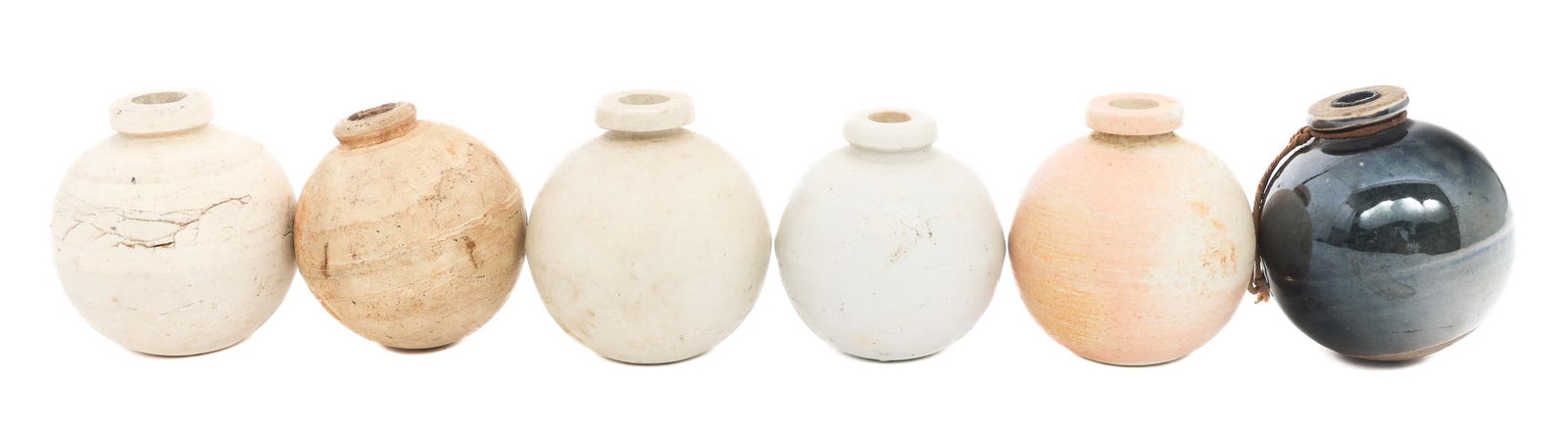 WWII IMPERIAL JAPANESE TYPE 4 CERAMIC GRENADES: WWII IMPERIAL JAPANESE TYPE 4 CERAMIC GRENADES Six WWII Imperial Japanese Type 4 Ceramic Hand Grenades. Brown, white, and black painted.