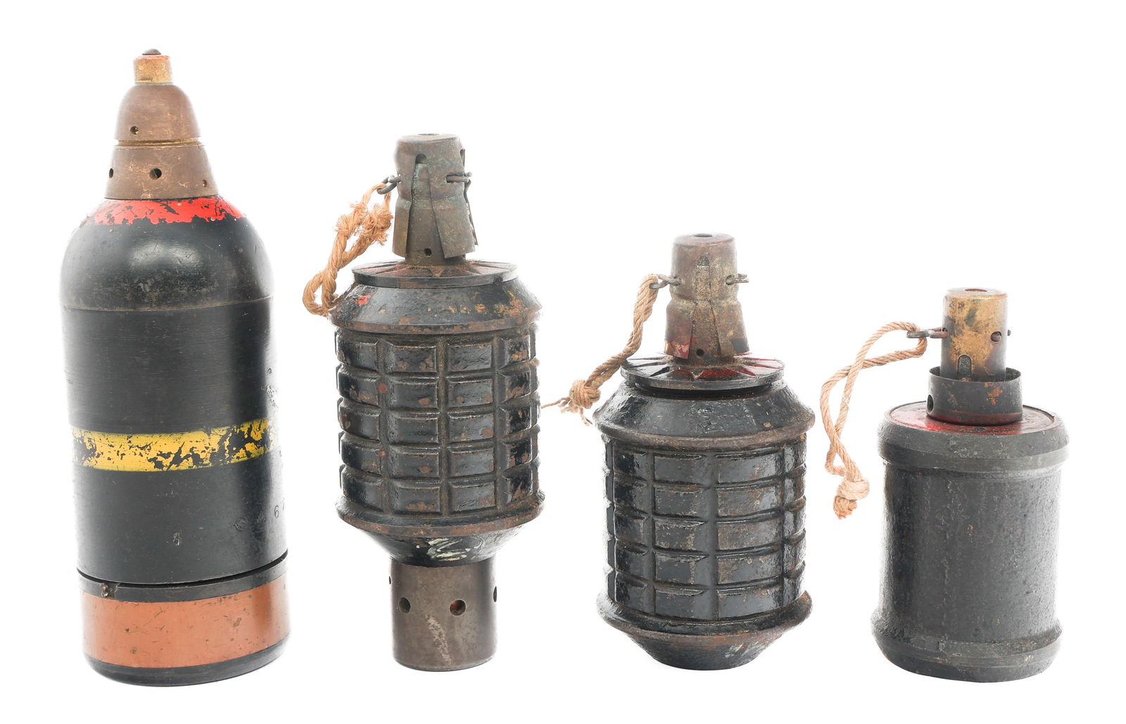 IMPERIAL JAPANESE HAND GRENADES & MORTAR ROUNDS: IMPERIAL JAPANESE HAND GRENADES & MORTAR ROUNDS Imperial Japanese Hand Grenades and Mortars. (1) Type 91 Grenade. (1) Type 97 Grenade. (1) Type 99 "Kiska" Grenade. (1) Type 89 Knee Mortar Round.