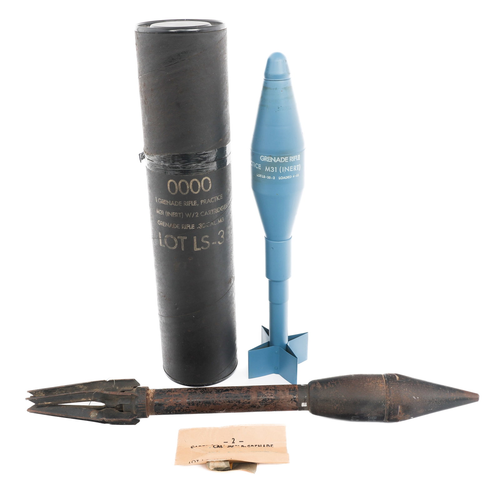 PRACTICE M31 RPG & M7A1 BAZOOKA ROUNDS: PRACTICE M31 RPG & M7A1 BAZOOKA ROUNDS Practice M31 RPG & M7A1 Bazooka Rounds. (1) M31 Practice Rifle Grenade. Includes original canister. Size: 18" x 4" x 4". (1) M7A1 Practice Bazooka Round. Size: 2