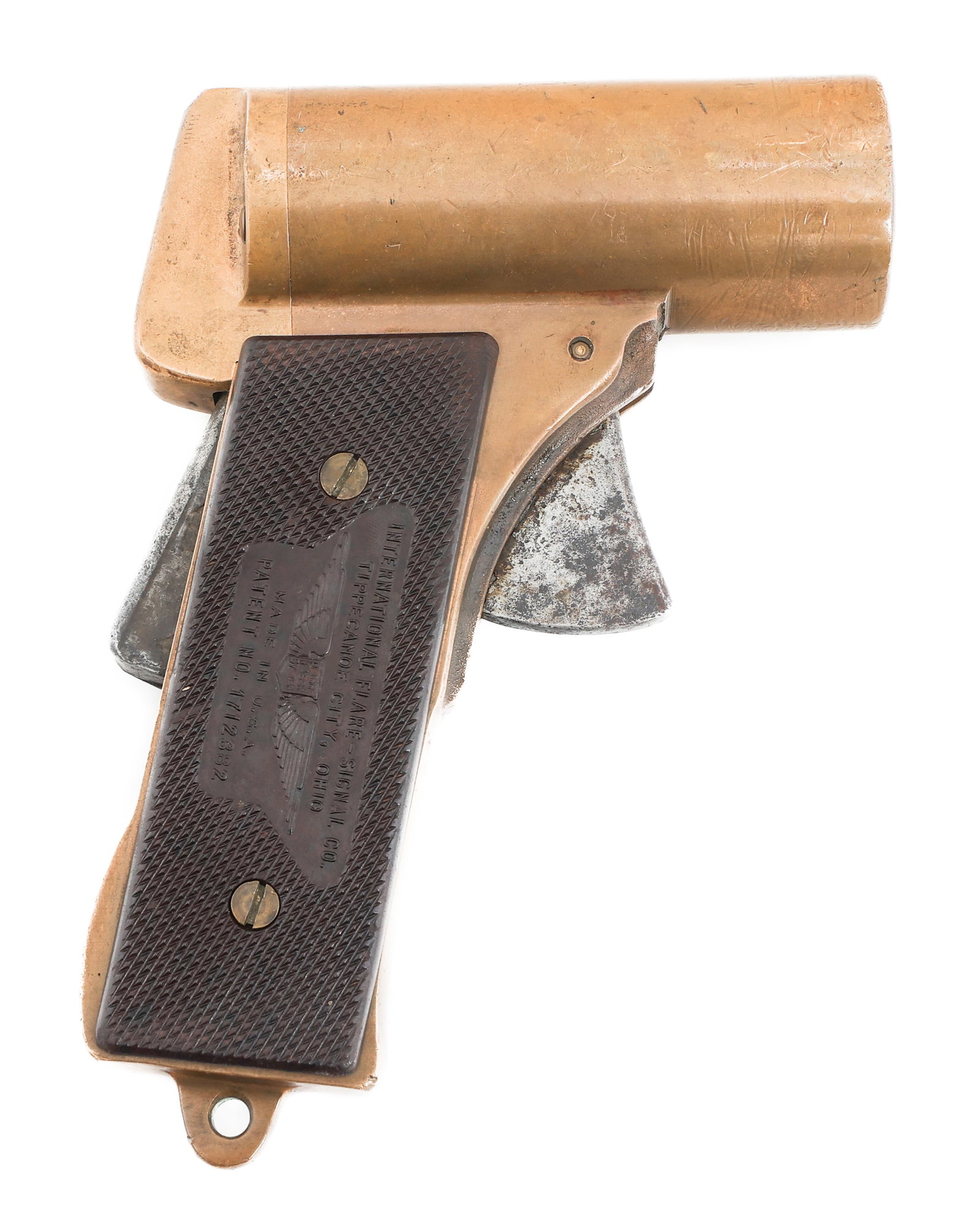 WWII US NAVY M2 PYROTECHNIC FLARE PISTOL: WWII US NAVY M2 PYROTECHNIC FLARE PISTOL WWII US Navy International Flare Signal Compayny Model M2 Pyrotechnic Flare Pistol, Brass construction with steel trigger and grip safety. Textured plastic gri