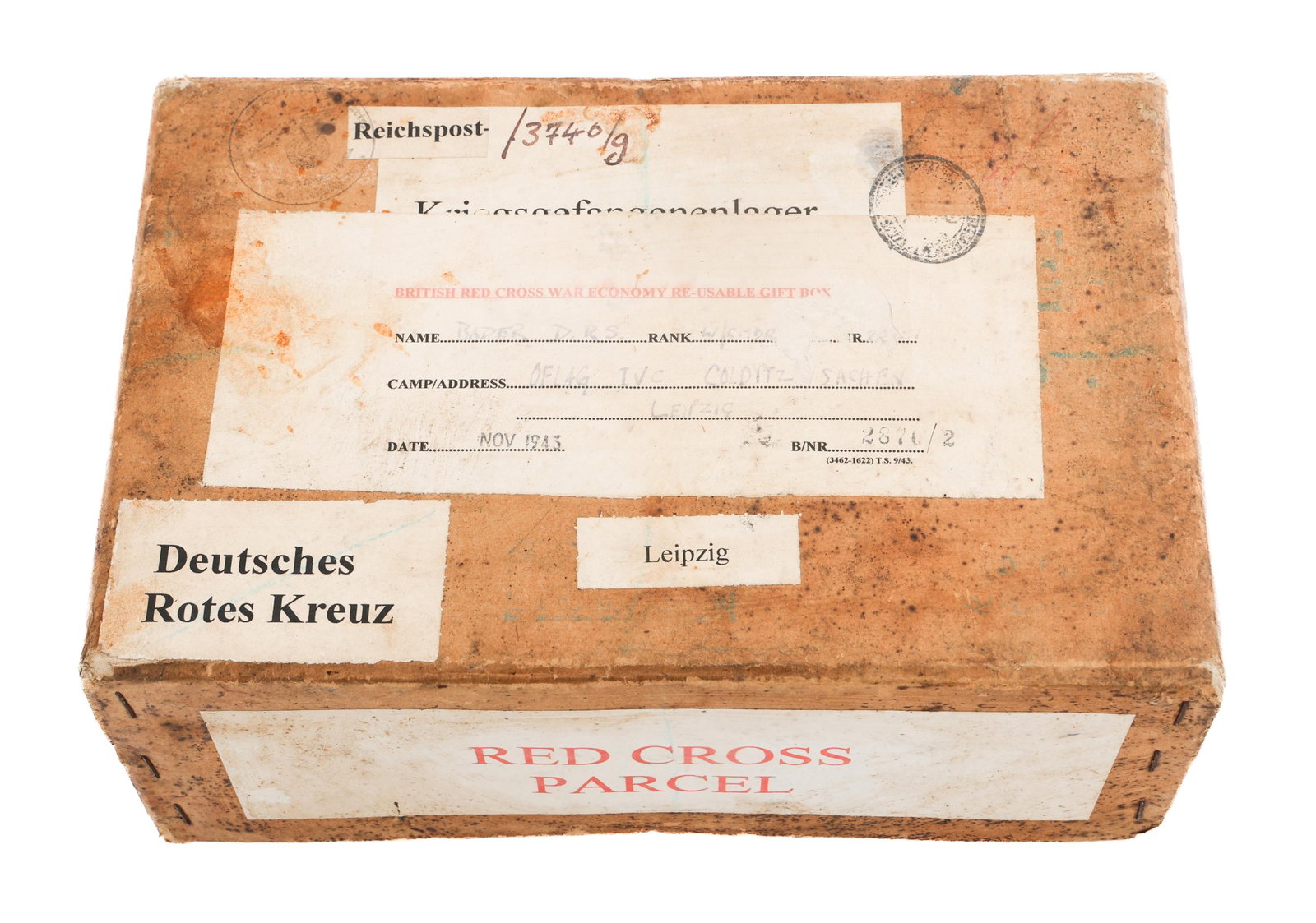 WWII UK RAF ACE & POW DOUGLAS BADER RED CROSS BOX: WWII UK RAF ACE & POW DOUGLAS BADER RED CROSS BOX WWII British RAF Ace and POW Douglas Bader's Red Cross Parcel. Sent to Bader during his time as a POW at Oflag IV-C (Officer's Camp), or more commonly