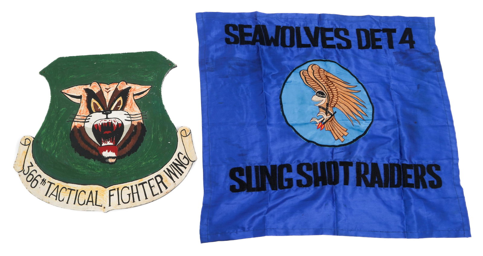 VIETNAM WAR US 366th TFS SIGN & SEAWOLVES FLAG: VIETNAM WAR US 366th TFS SIGN & SEAWOLVES FLAG Vietnam War US Air Force 366th Tactical Fighter Squadron Made-in-Country Sign and US Navy Seawolves Detachment 4 Flag. (1) USAF 366th TFS Sign. Hand pain