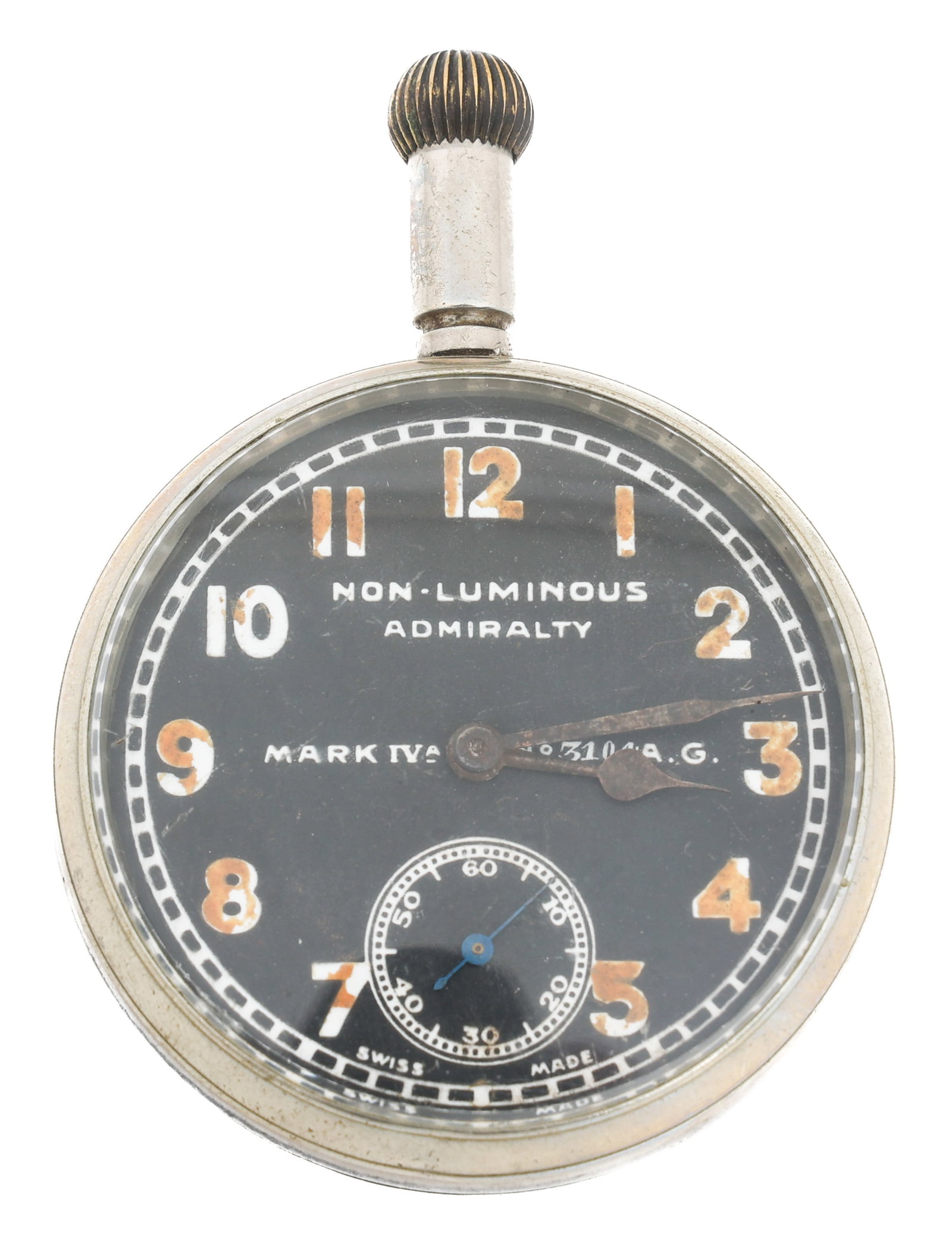 WWI RAF ADMIRALTY MARK IVA AVIATOR'S POCKET WATCH: WWI RAF ADMIRALTY MARK IVA AVIATOR'S POCKET WATCH WWI Royal Aircraft Factory, Non-Luminous Admiralty, Mark IVA aviator's pocket watch. Open face, Arabic numerals. Contract # 3104 A.G. (letter code for