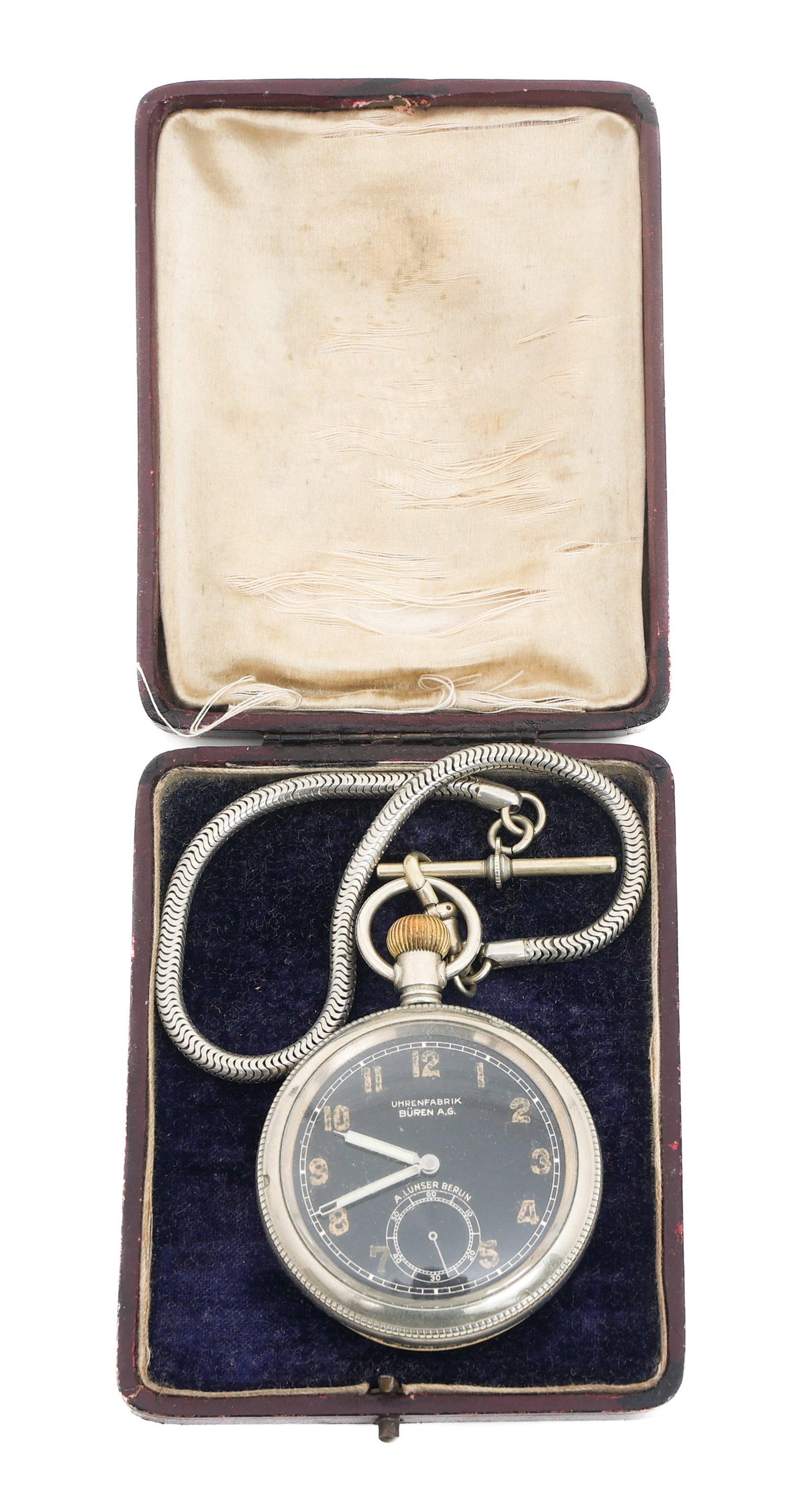 WWII BUREN A. LUNSER NICKEL CASE POCKET WATCH: WWII BUREN A. LUNSER NICKEL CASE POCKET WATCH WWII Uhrenfabrik Buren A.G., A. Lunser, nickel case pocket watch. Open face, black dial with luminous Arabic numerals. Movement/Serial #: D.56523H. Post w