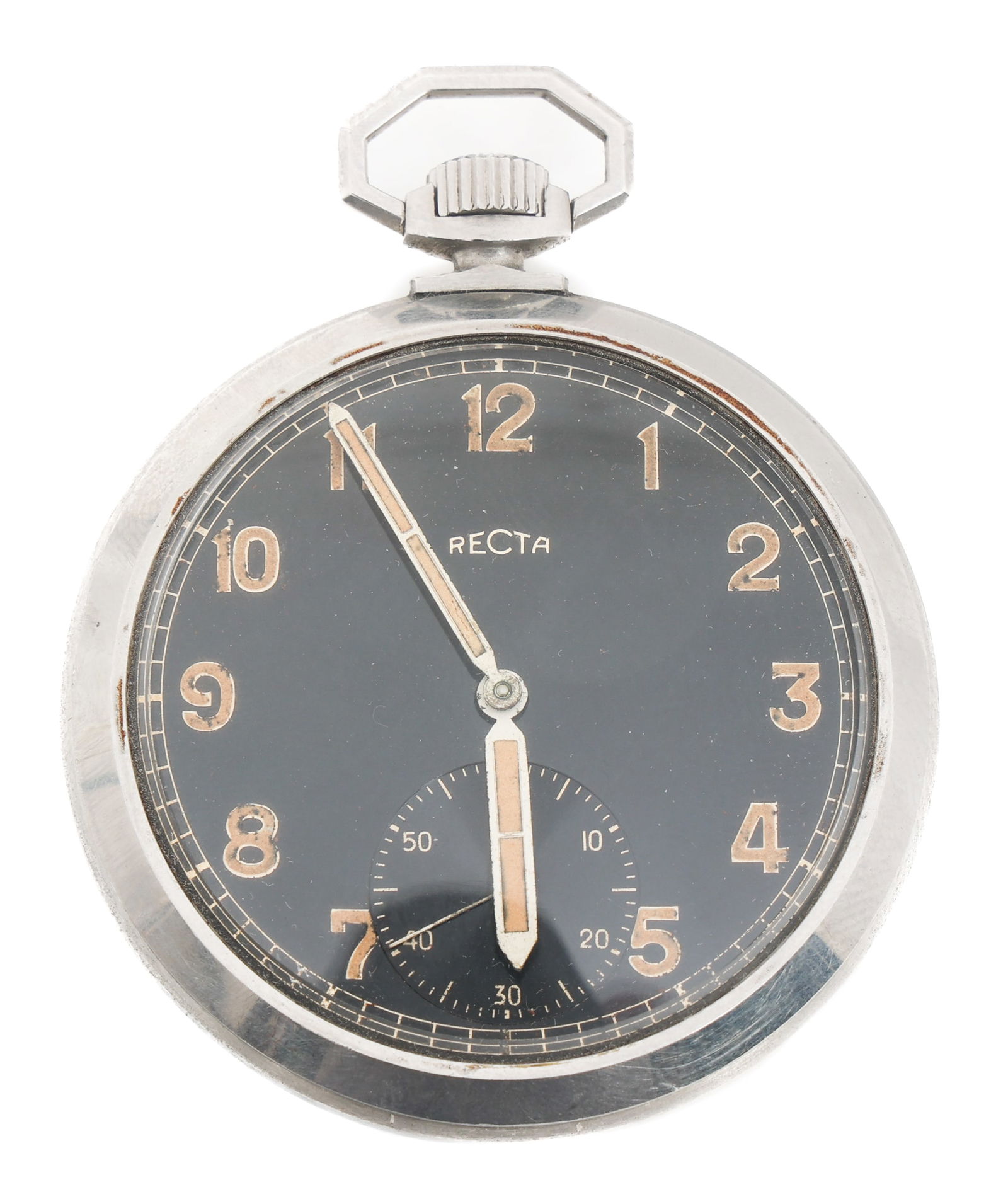 WWII GERMAN RECTA STAINLESS STEEL POCKET WATCH: WWII GERMAN RECTA STAINLESS STEEL POCKET WATCH WWII German military Recta stainless steel case pocket watch. Open face, luminous Arabic numerals. Serial # 543555. Post-war "WSS" engraved on the revers