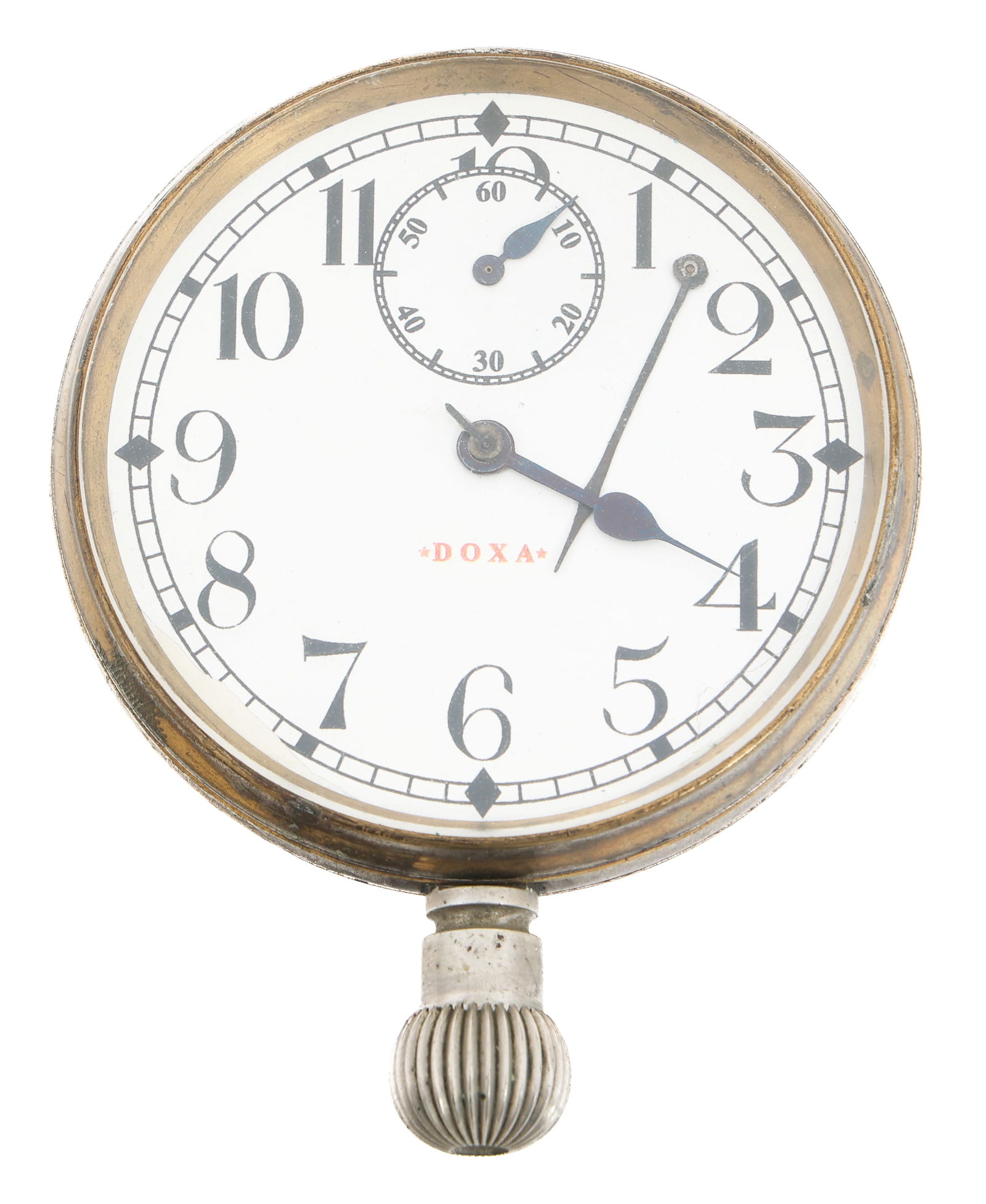 WWII LUFTWAFFE DOXA AUTOMOBILE POCKET WATCH: WWII LUFTWAFFE DOXA AUTOMOBILE POCKET WATCH WWII German Luftwaffe Doxa automobile dashboard pocket watch. Open face, Arabic numerals. Brass case. Movement/Serial #: 1144074. FLZ with aviation wings en