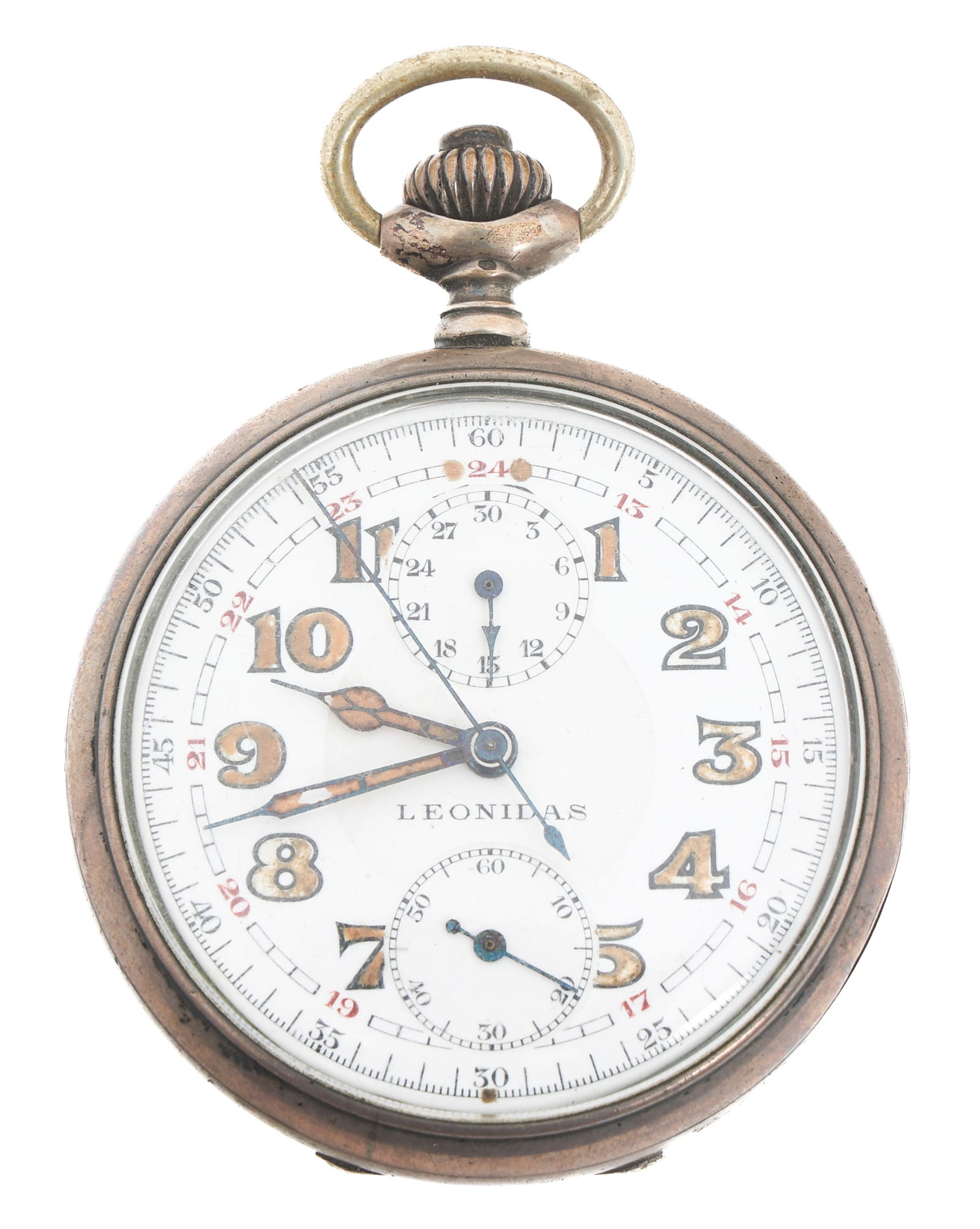 .800 SILVER LEONIDAS GERMAN NAVY POCKET WATCH: .800 SILVER LEONIDAS GERMAN NAVY POCKET WATCH WWII .800 silver case Leonidas German Navy pocket watch. Open face, chronograph, Arabic numerals (some luminous). Back of the case is engraved with NSDAP