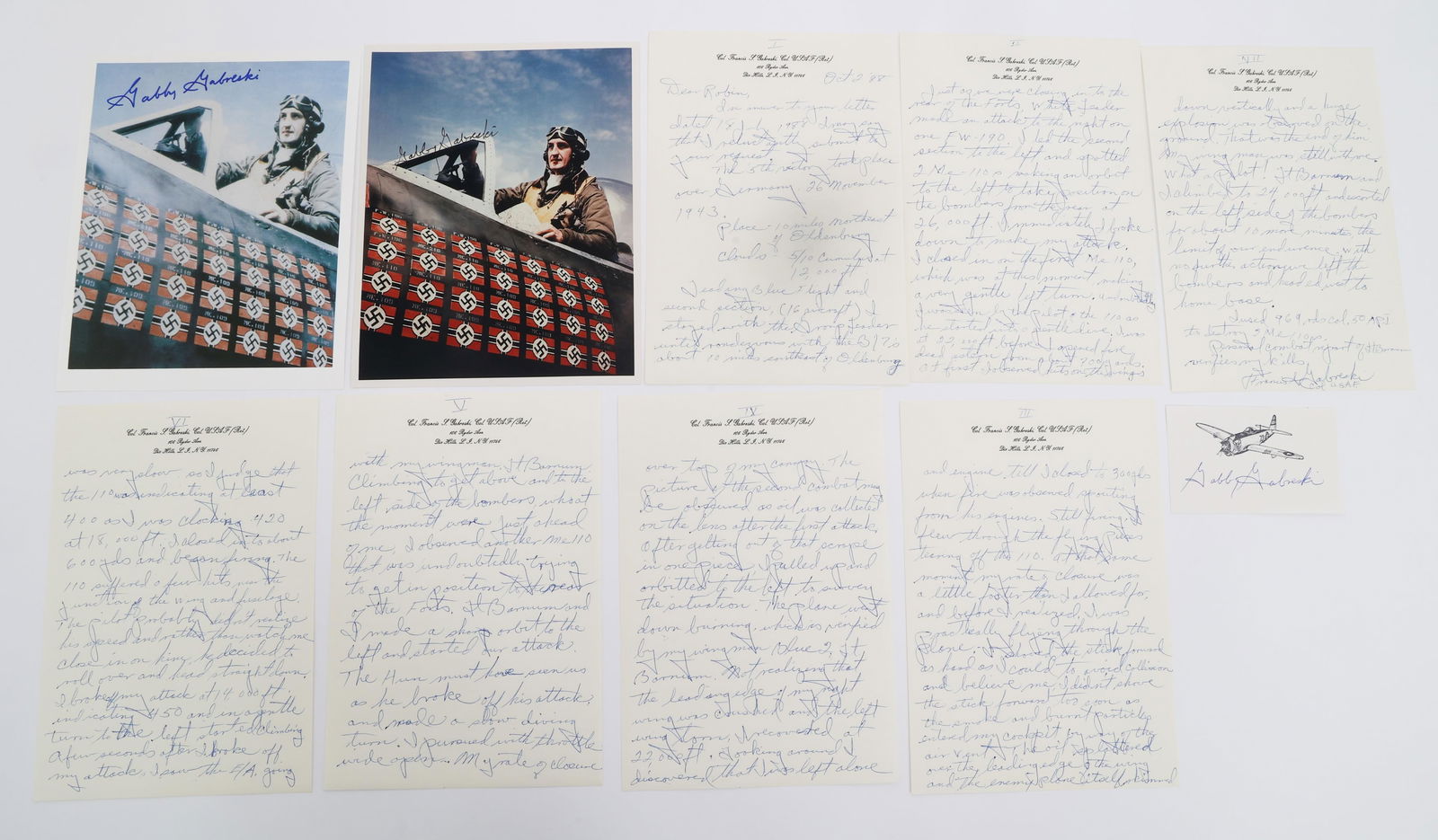 WWII FIGHTER ACE G. GABRESKI SIGNED LETTER & PHOTO: WWII FIGHTER ACE G. GABRESKI SIGNED LETTER & PHOTO WWII USAAF Fighter Ace Francis "Gabby" Gabreski Signed Letter, Photos and Card. (1) Letter. Handwritten by Gabreski in blue ink on stationary. Addres